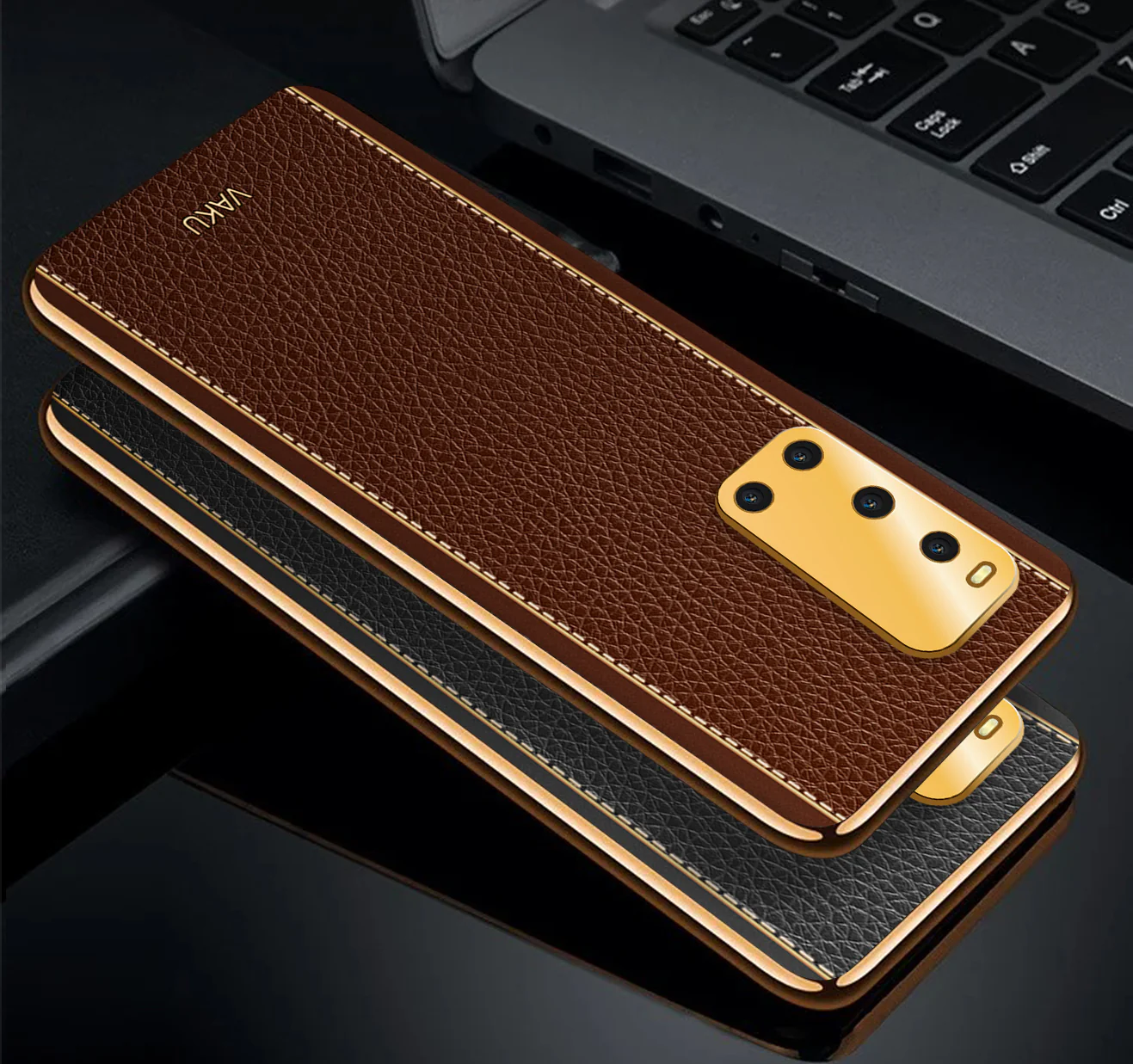 Vaku® Vivo V19 Luxemberg Series Leather Stitched Gold Electroplated Soft TPU Back Cover - Image 5