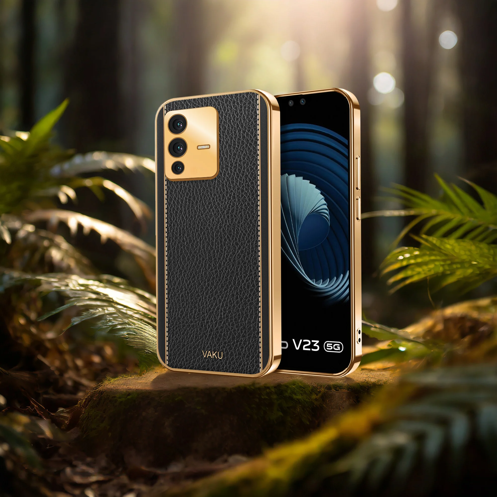 VakuĀ® Vivo V23 5G Luxemberg Series Leather Stitched Gold Electroplated Soft TPU Back Cover - Image 10