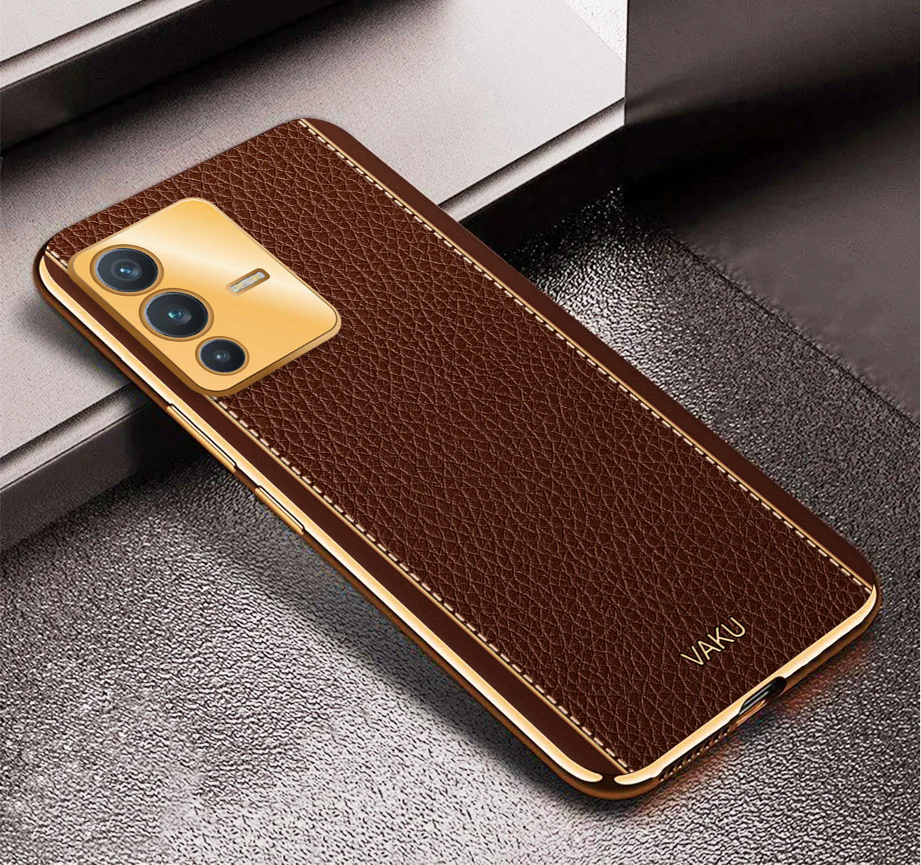 VakuĀ® Vivo V23 5G Luxemberg Series Leather Stitched Gold Electroplated Soft TPU Back Cover - Image 13