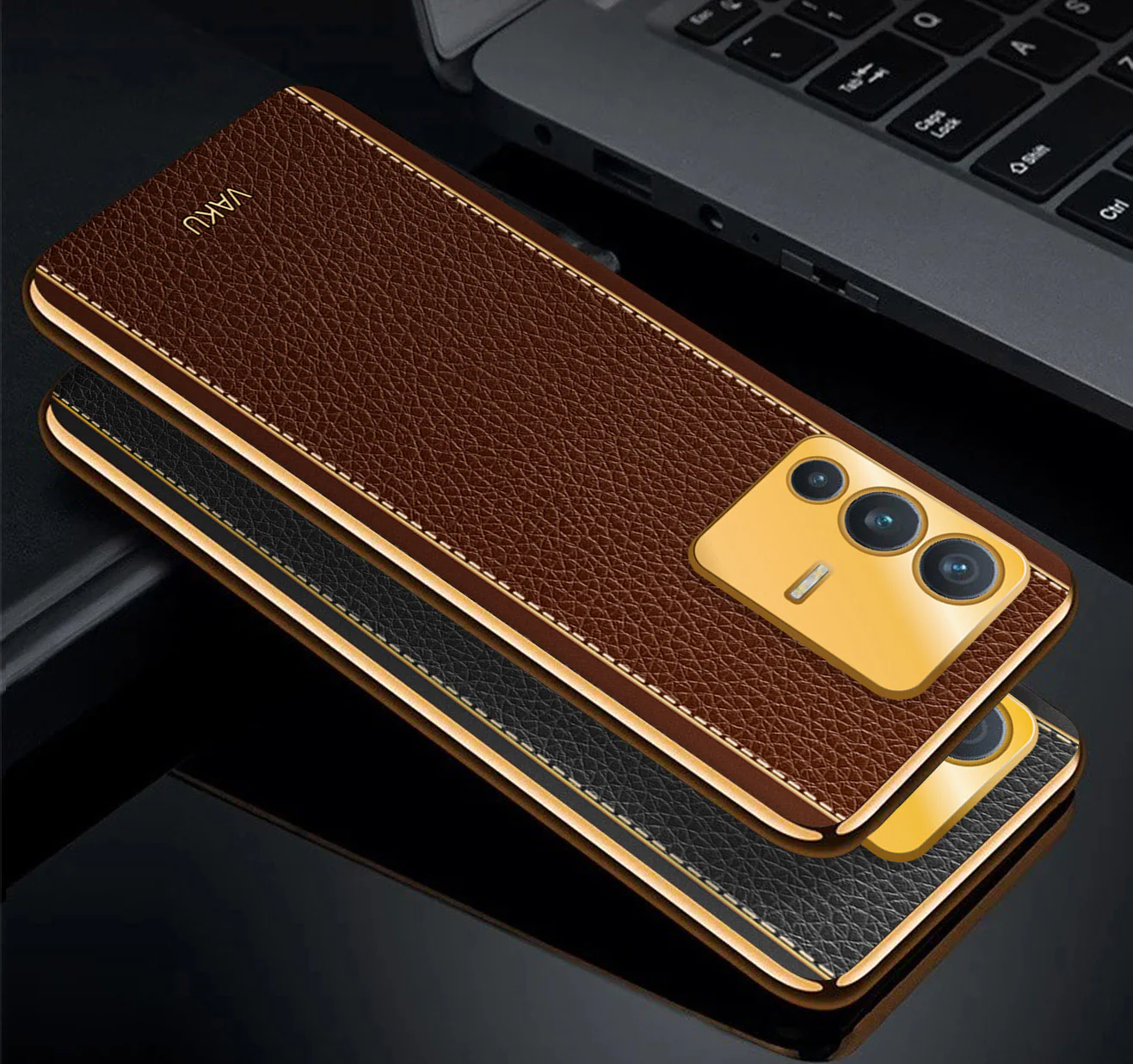VakuĀ® Vivo V23 5G Luxemberg Series Leather Stitched Gold Electroplated Soft TPU Back Cover - Image 4