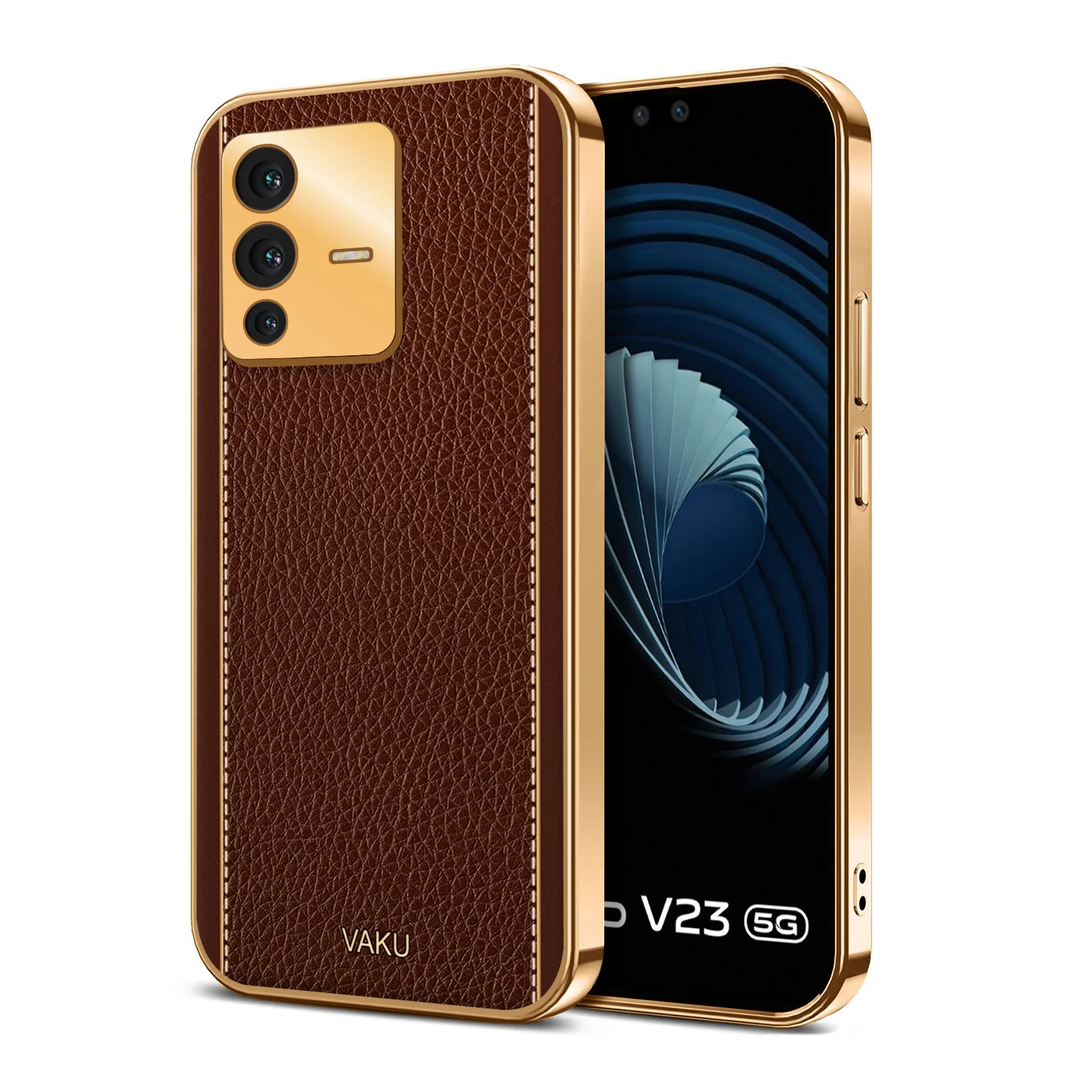 VakuĀ® Vivo V23 5G Luxemberg Series Leather Stitched Gold Electroplated Soft TPU Back Cover - Image 5