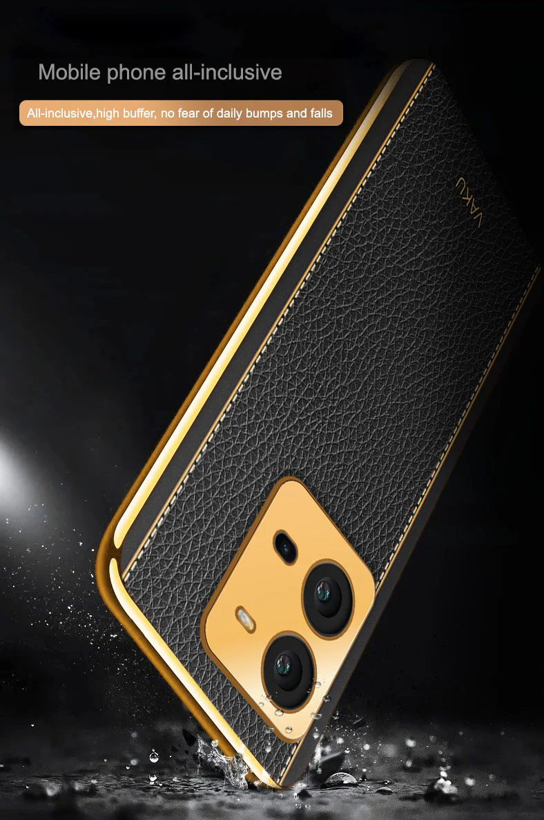 Vaku ® Vivo V25 Luxemberg Series Leather Stitched Gold Electroplated Soft TPU Back Cover - Image 10