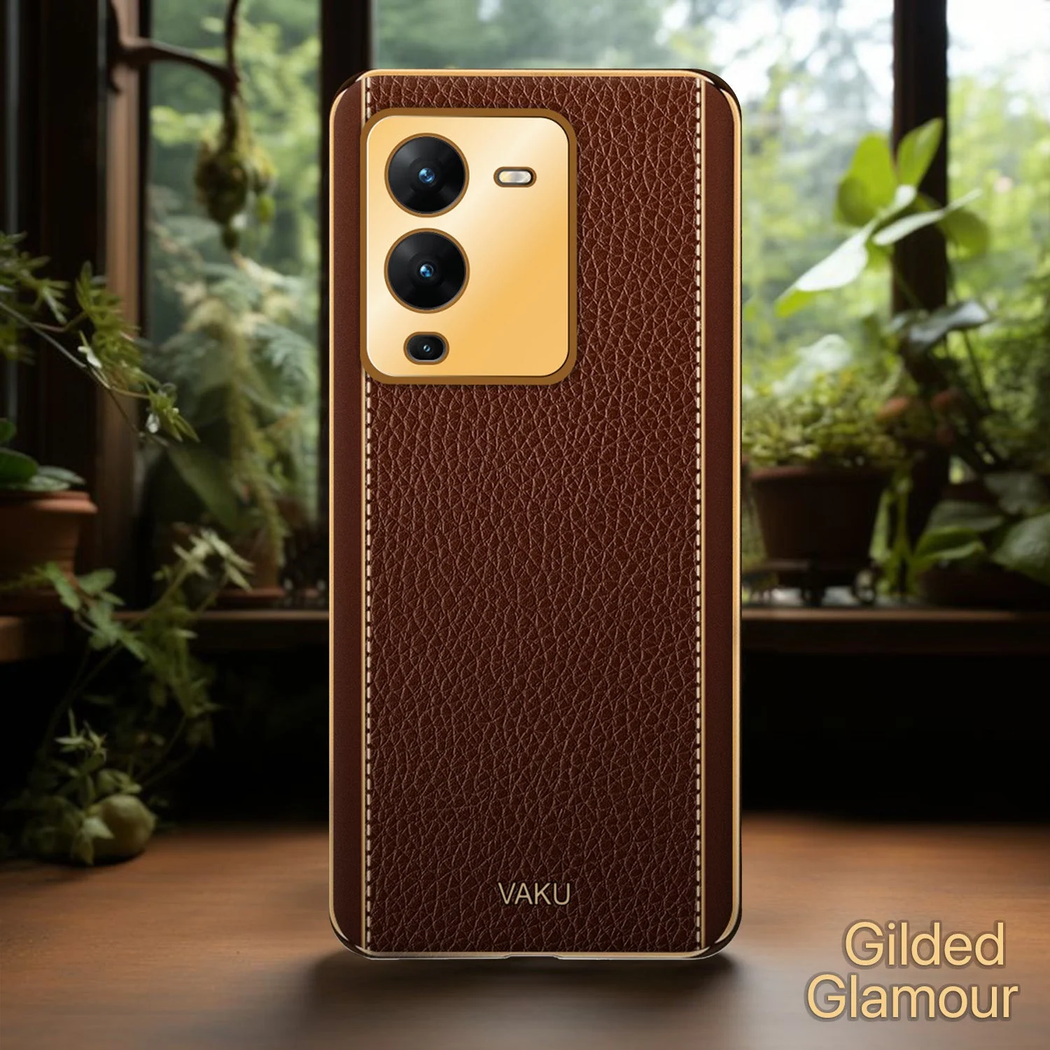 VakuĀ® Vivo V25 Pro Luxemberg Leather Pattern Gold Electroplated Soft TPU Back Cover - Image 4