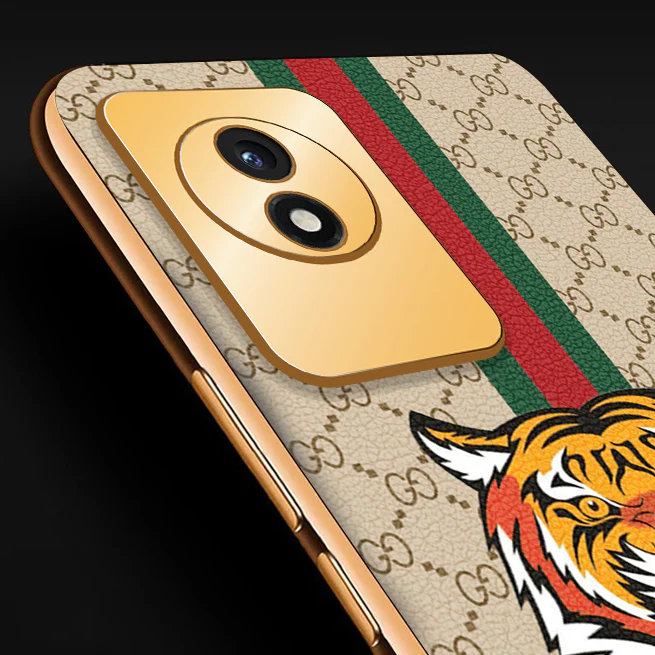 VakuĀ® Vivo Y02 Lynx Designer Leather Pattern Gold Electroplated Soft TPU Back Cover Case - Image 2