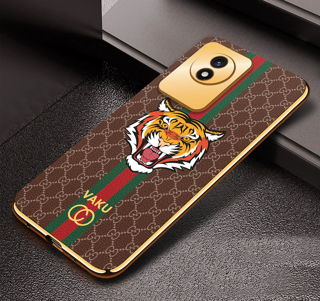 VakuĀ® Vivo Y02 Lynx Designer Leather Pattern Gold Electroplated Soft TPU Back Cover Case - Image 3