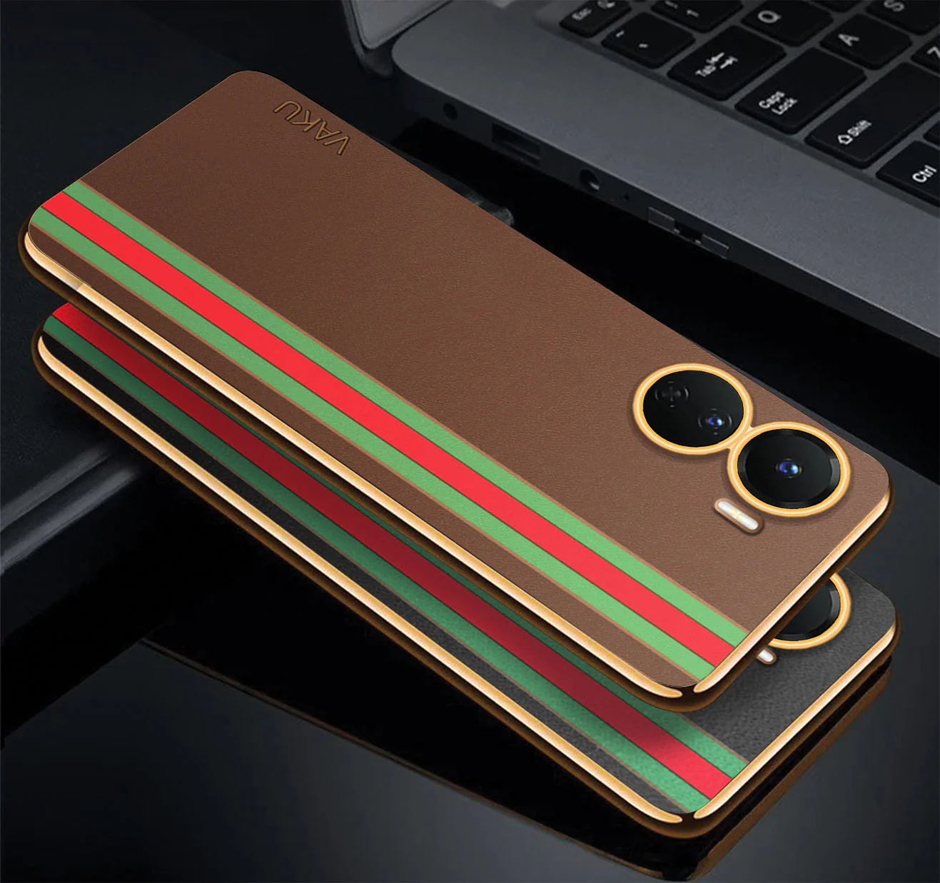 VakuĀ® Vivo Y16 Felix Line Leather Stitched Gold Electroplated Soft TPU Back Cover Case - Image 3