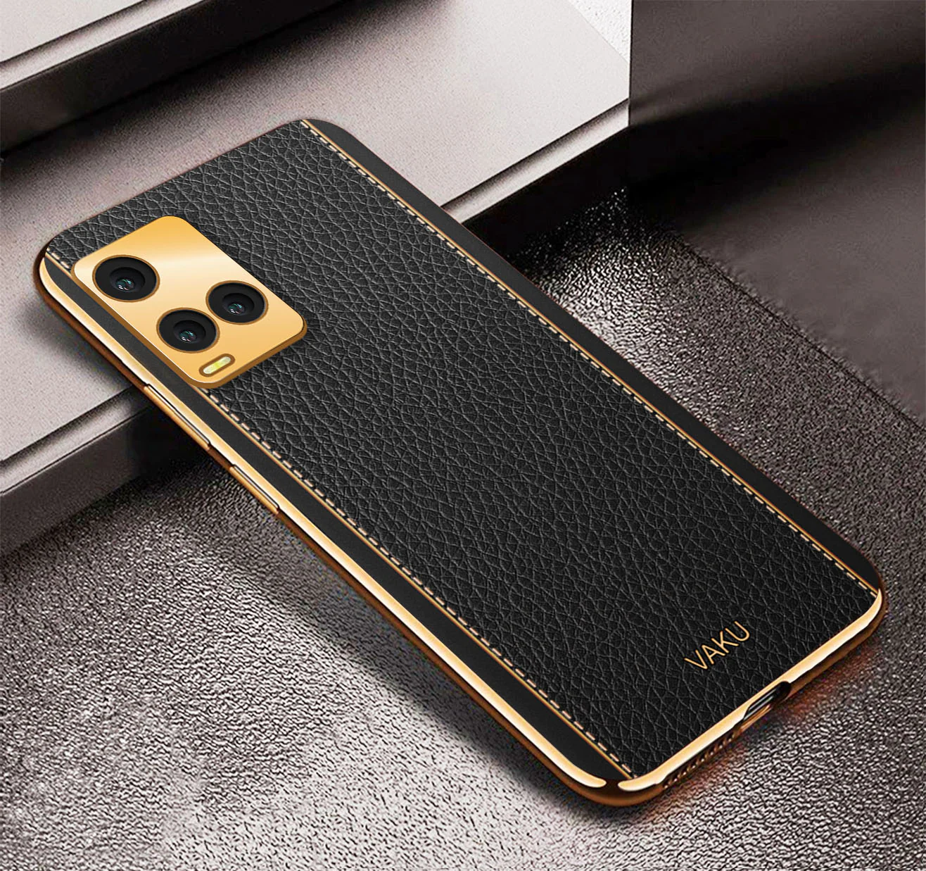 Vaku® Vivo Y21e 4G Luxemberg Series Leather Stitched Gold Electroplated Soft TPU Back Cover - Image 6