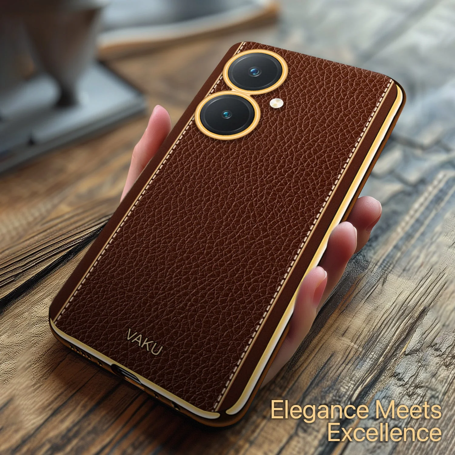 VakuĀ® Vivo Y27 Luxemberg Series Leather Stitched Gold Electroplated Soft TPU Back Cover - Image 10