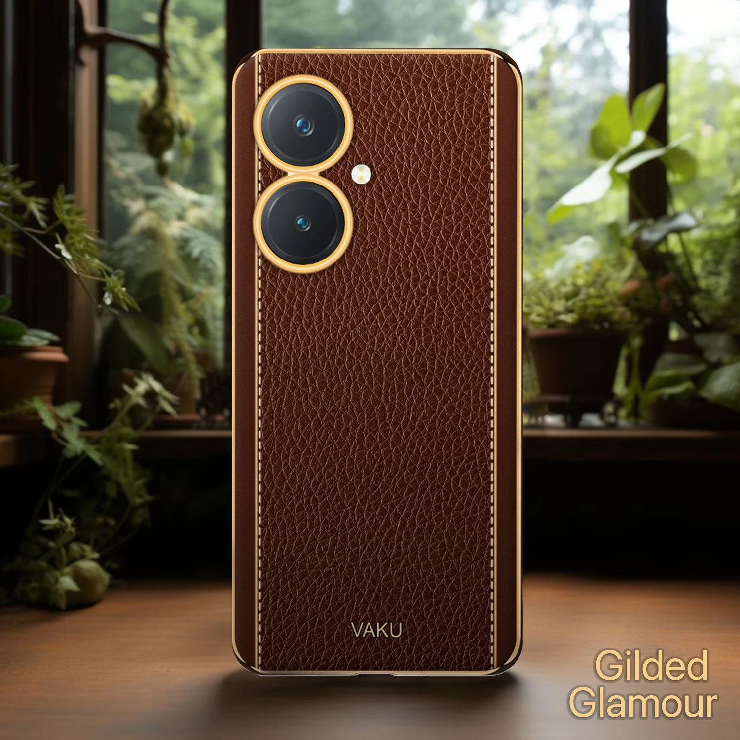 VakuĀ® Vivo Y27 Luxemberg Series Leather Stitched Gold Electroplated Soft TPU Back Cover - Image 6