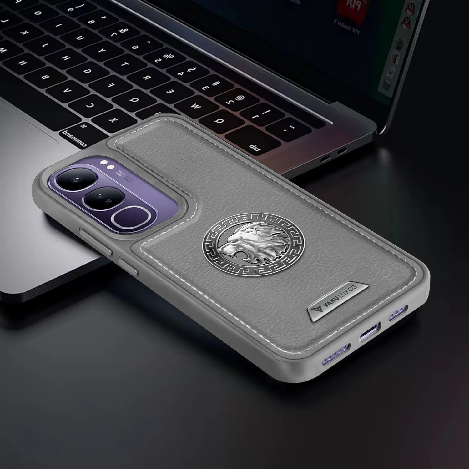 Vaku ® Vivo Y300 5G Regal Shield Metal Lion Engraved Leather Back Cover - Image 11