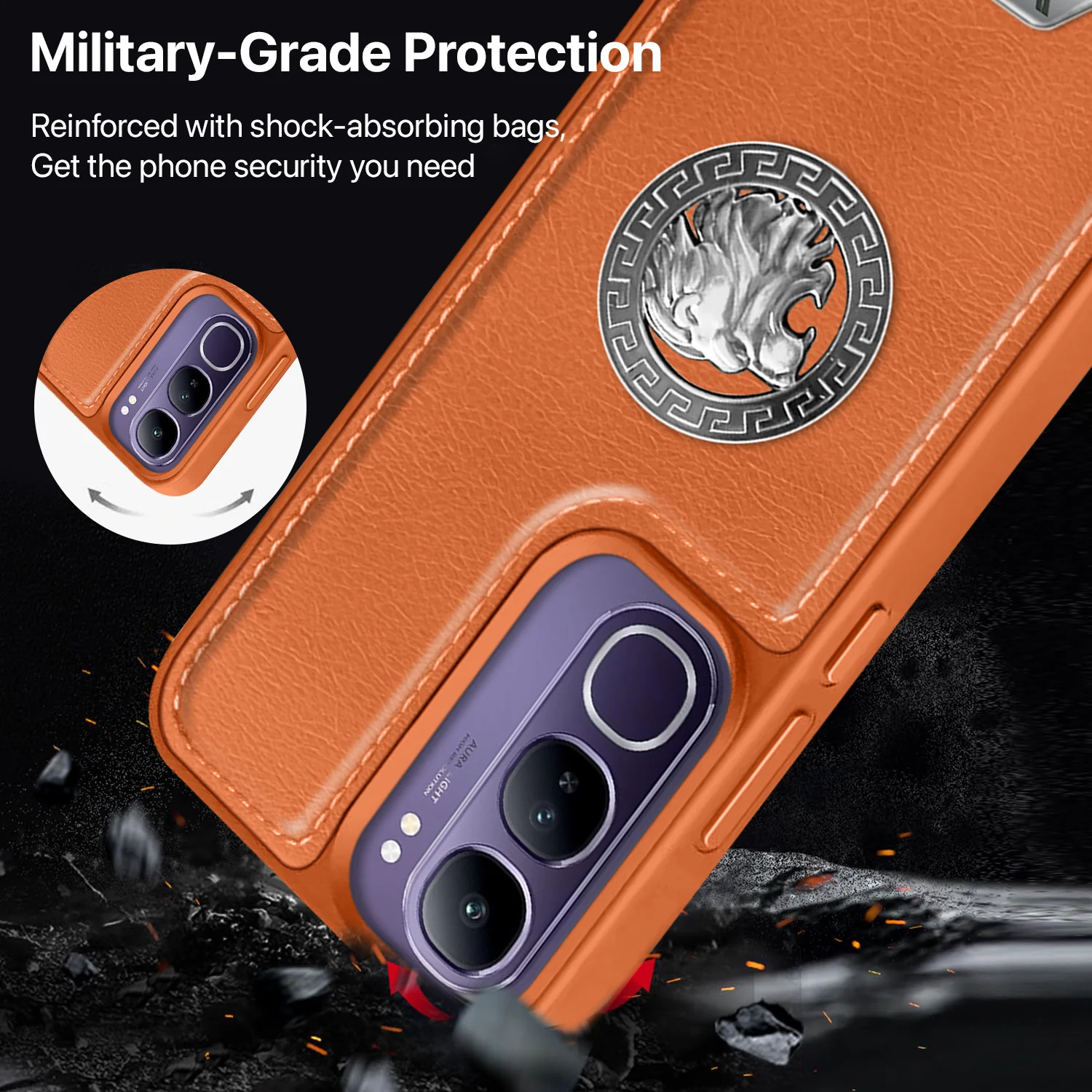 Vaku ® Vivo Y300 5G Regal Shield Metal Lion Engraved Leather Back Cover - Image 4