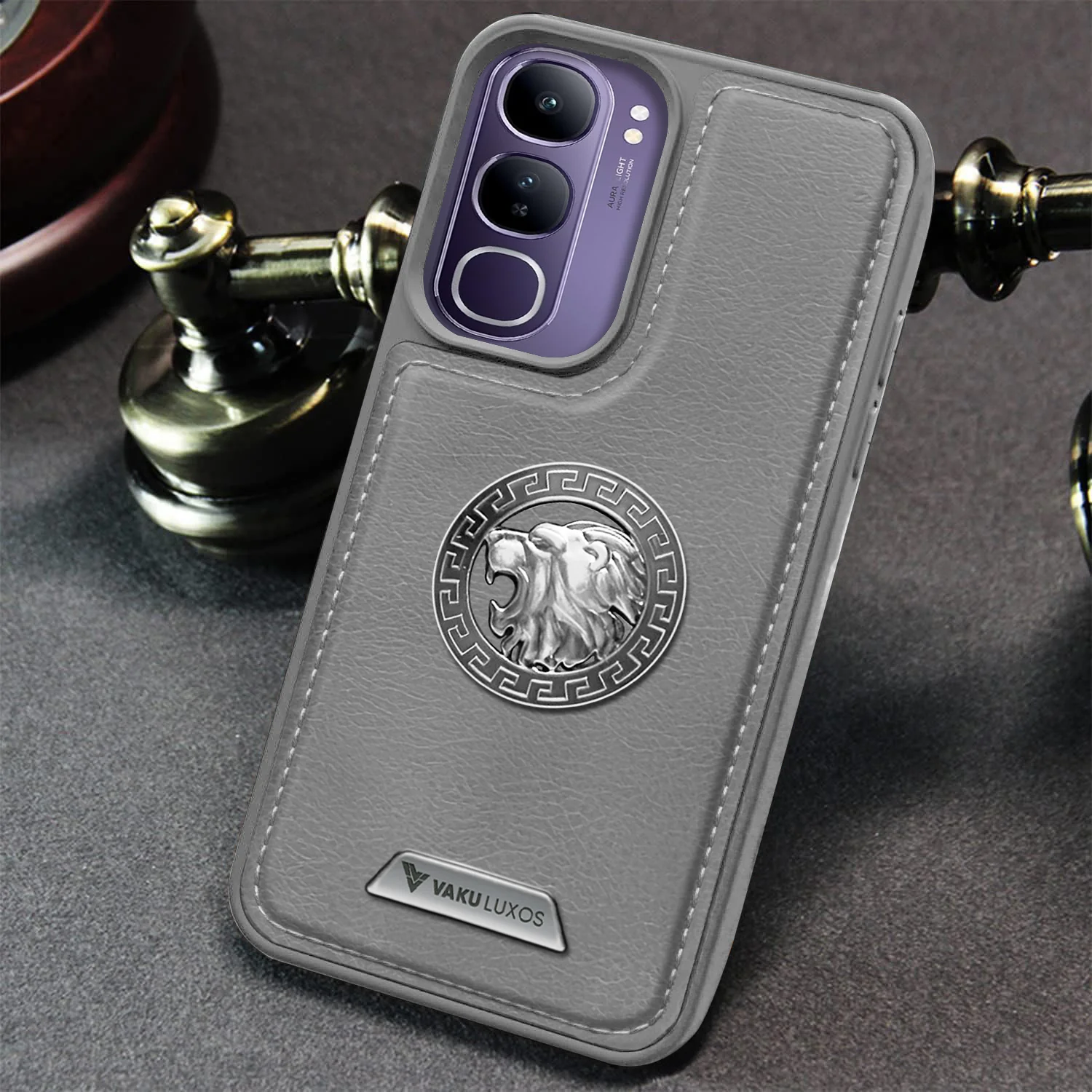 Vaku ® Vivo Y300 5G Regal Shield Metal Lion Engraved Leather Back Cover - Image 8