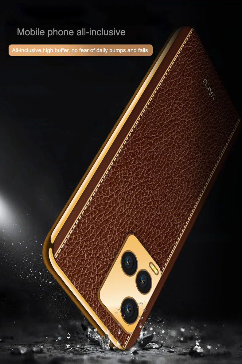 Vaku® Vivo Y33S Luxemberg Series Leather Stitched Gold Electroplated Soft TPU Back Cover - Image 11
