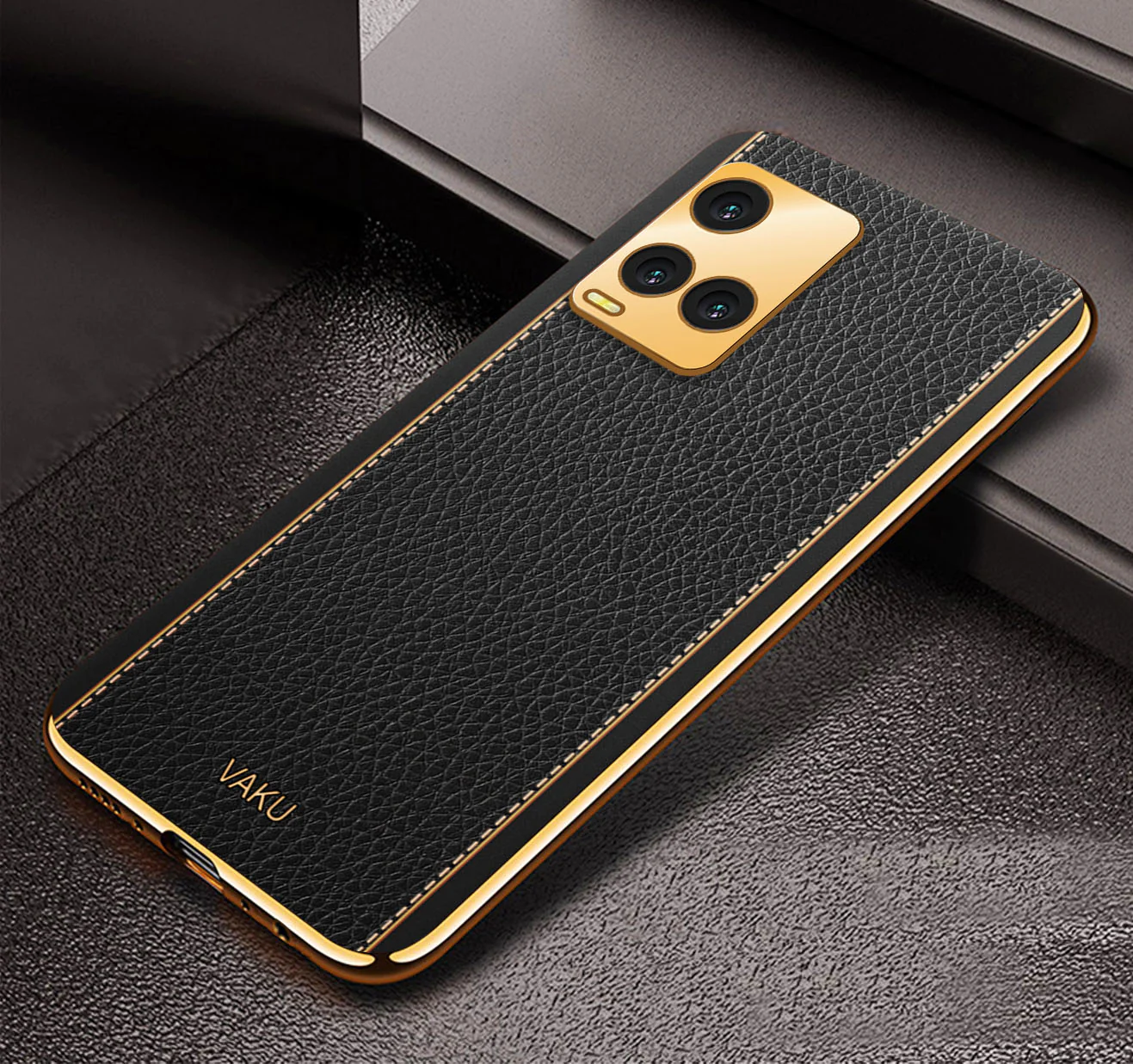 Vaku® Vivo Y33S Luxemberg Series Leather Stitched Gold Electroplated Soft TPU Back Cover - Image 5