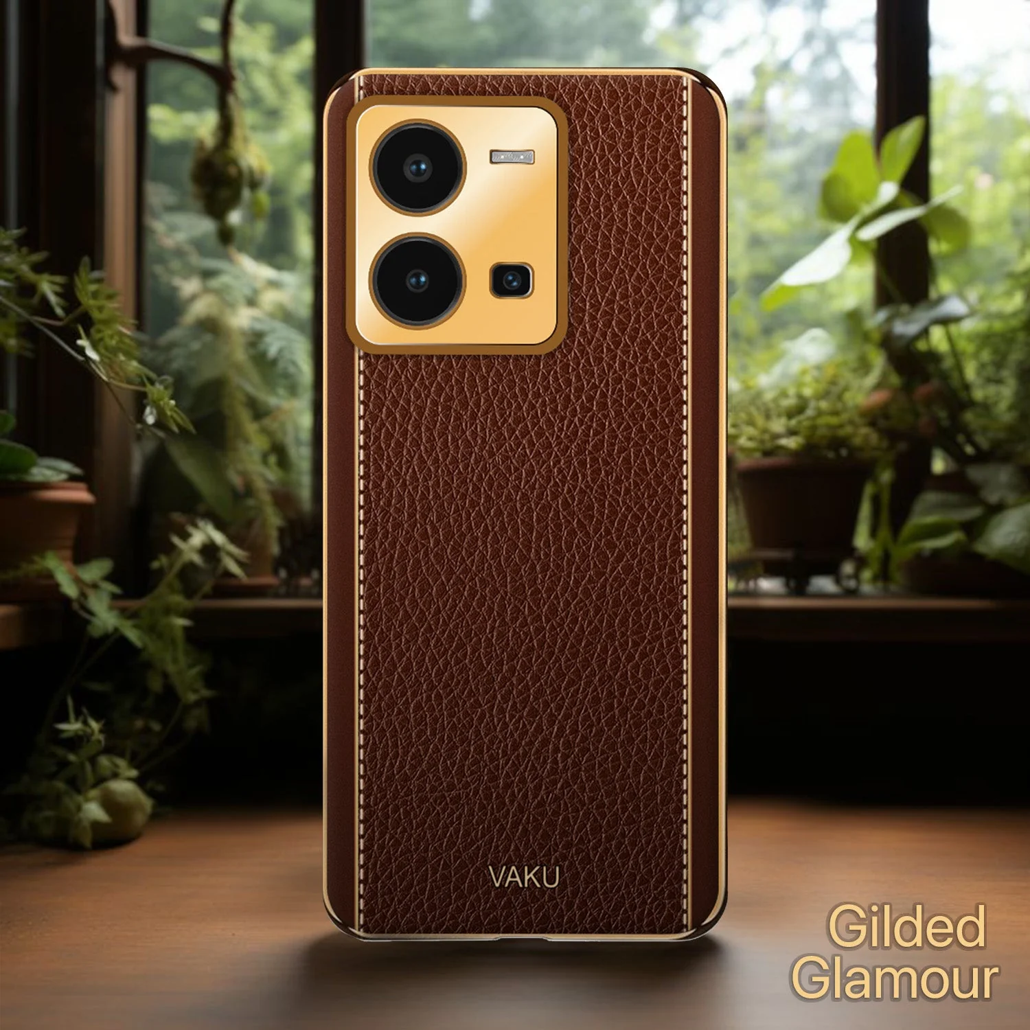 VakuĀ® Vivo Y35 4G Luxemberg Leather Pattern Gold Electroplated Soft TPU Back Cover - Image 10