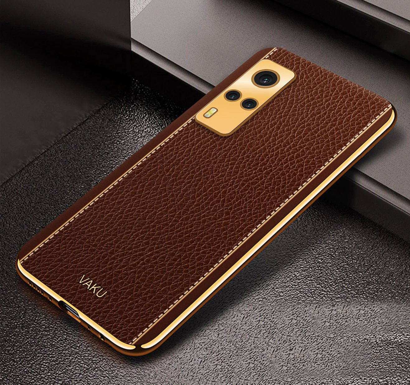 VakuĀ® Vivo Y53S Luxemberg Series Leather Stitched Gold Electroplated Soft TPU Back Cover