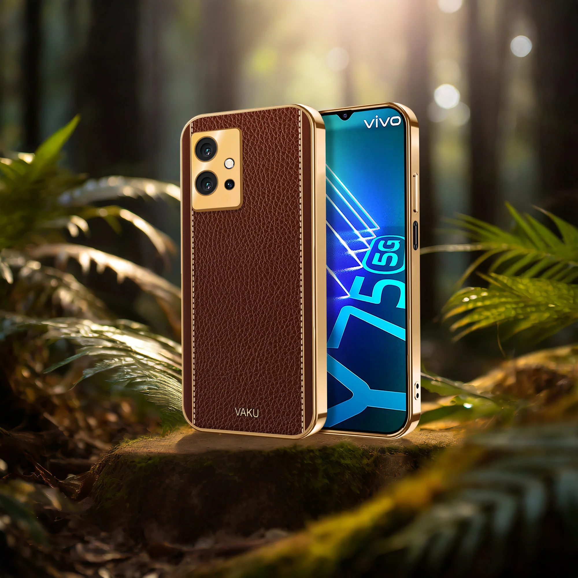 VakuĀ® Vivo Y75 5G Luxemberg Series Leather Stitched Gold Electroplated Soft TPU Back Cover - Image 10