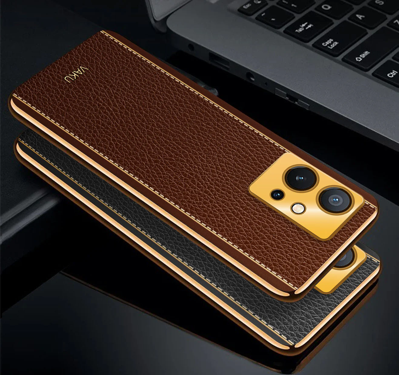 VakuĀ® Vivo Y75 5G Luxemberg Series Leather Stitched Gold Electroplated Soft TPU Back Cover - Image 3