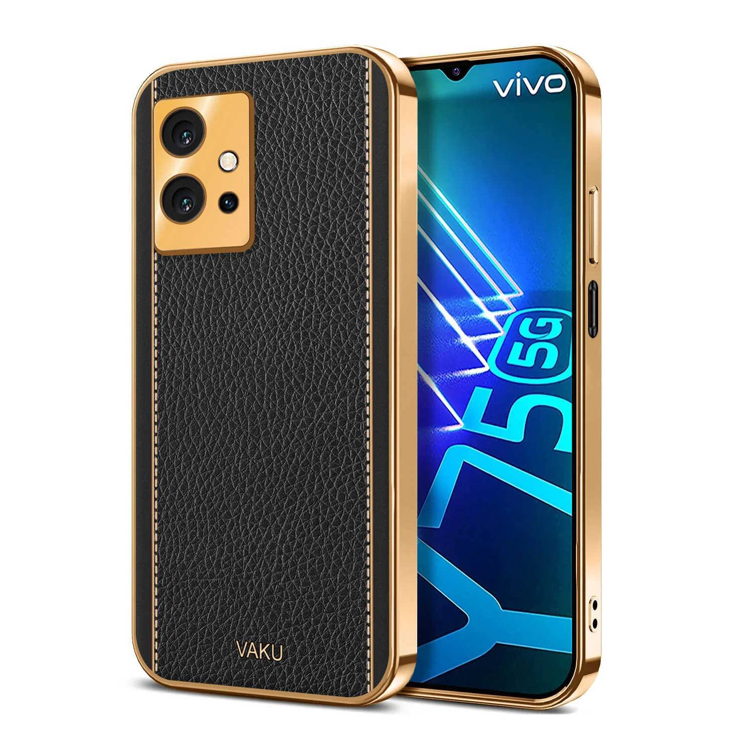 VakuĀ® Vivo Y75 5G Luxemberg Series Leather Stitched Gold Electroplated Soft TPU Back Cover - Image 4