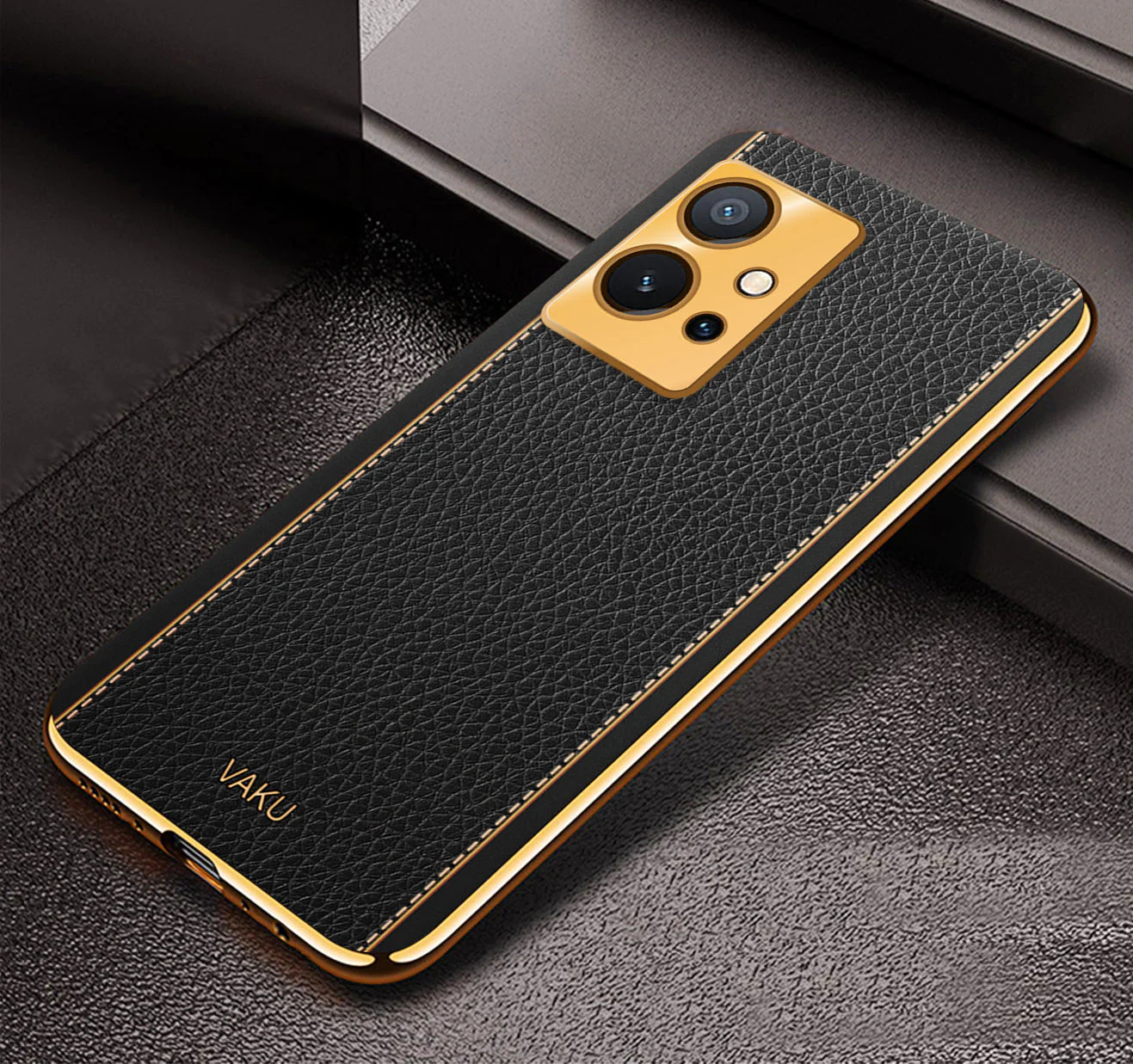 VakuĀ® Vivo Y75 5G Luxemberg Series Leather Stitched Gold Electroplated Soft TPU Back Cover - Image 5