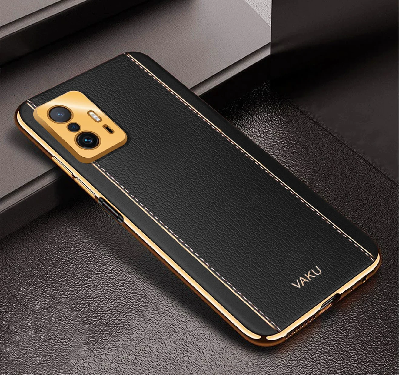 Vaku® Xiaomi 11T Pro 5G Luxemberg Series Leather Stitched Gold Electroplated Soft TPU Back Cover - Image 8