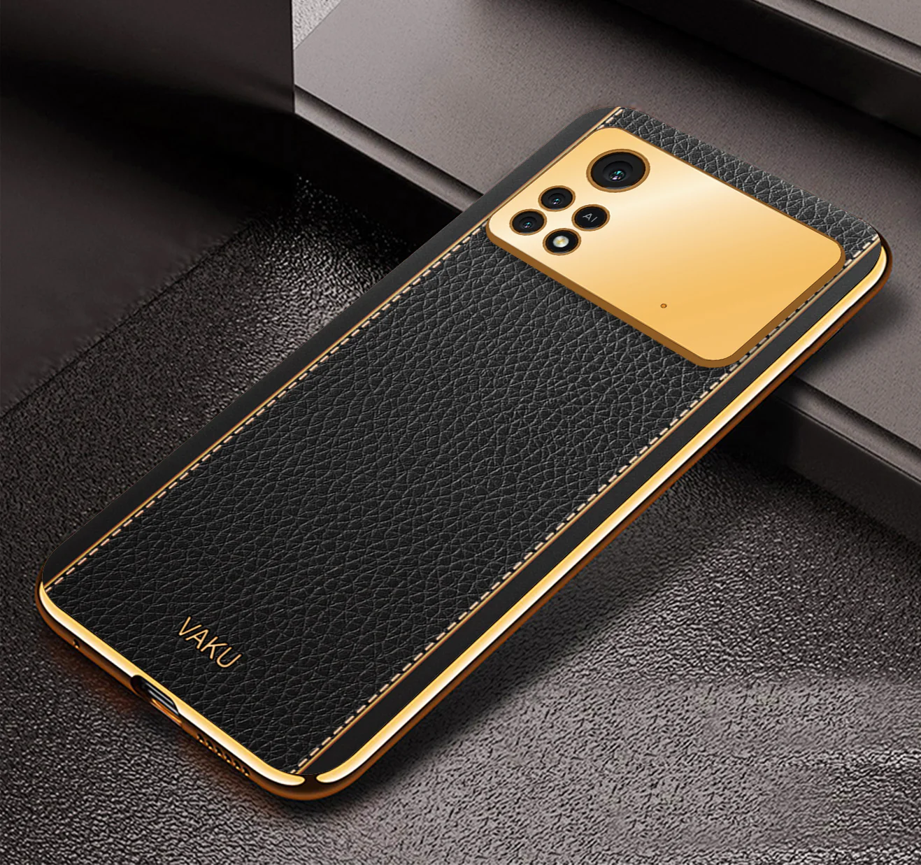 Vaku® Xiaomi Poco M4 Pro Luxemberg Series Leather Stitched Gold Electroplated Soft TPU Back Cover - Image 5