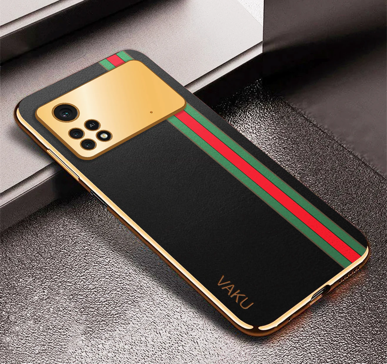 VakuĀ® Xiaomi Poco X4 Pro 5G Felix Line Leather Stitched Gold Electroplated Soft TPU Back Cover Case - Image 5