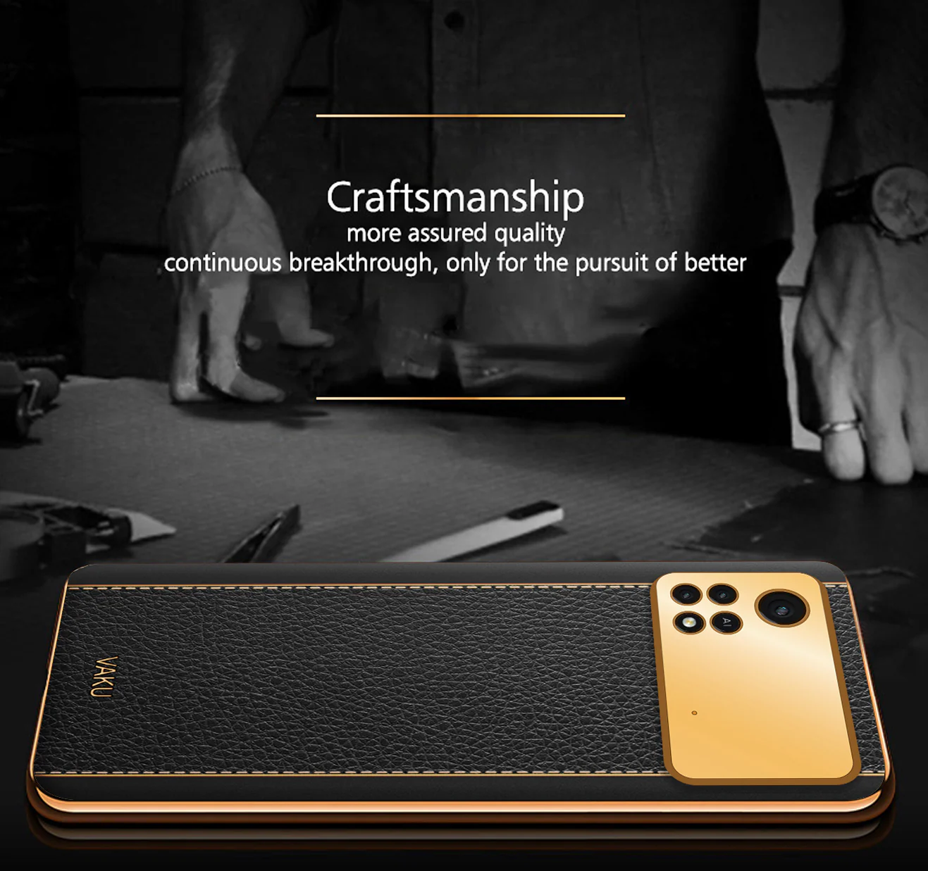 VakuĀ® Xiaomi Poco X4 Pro Luxemberg Series Leather Stitched Gold Electroplated Soft TPU Back Cover - Image 8