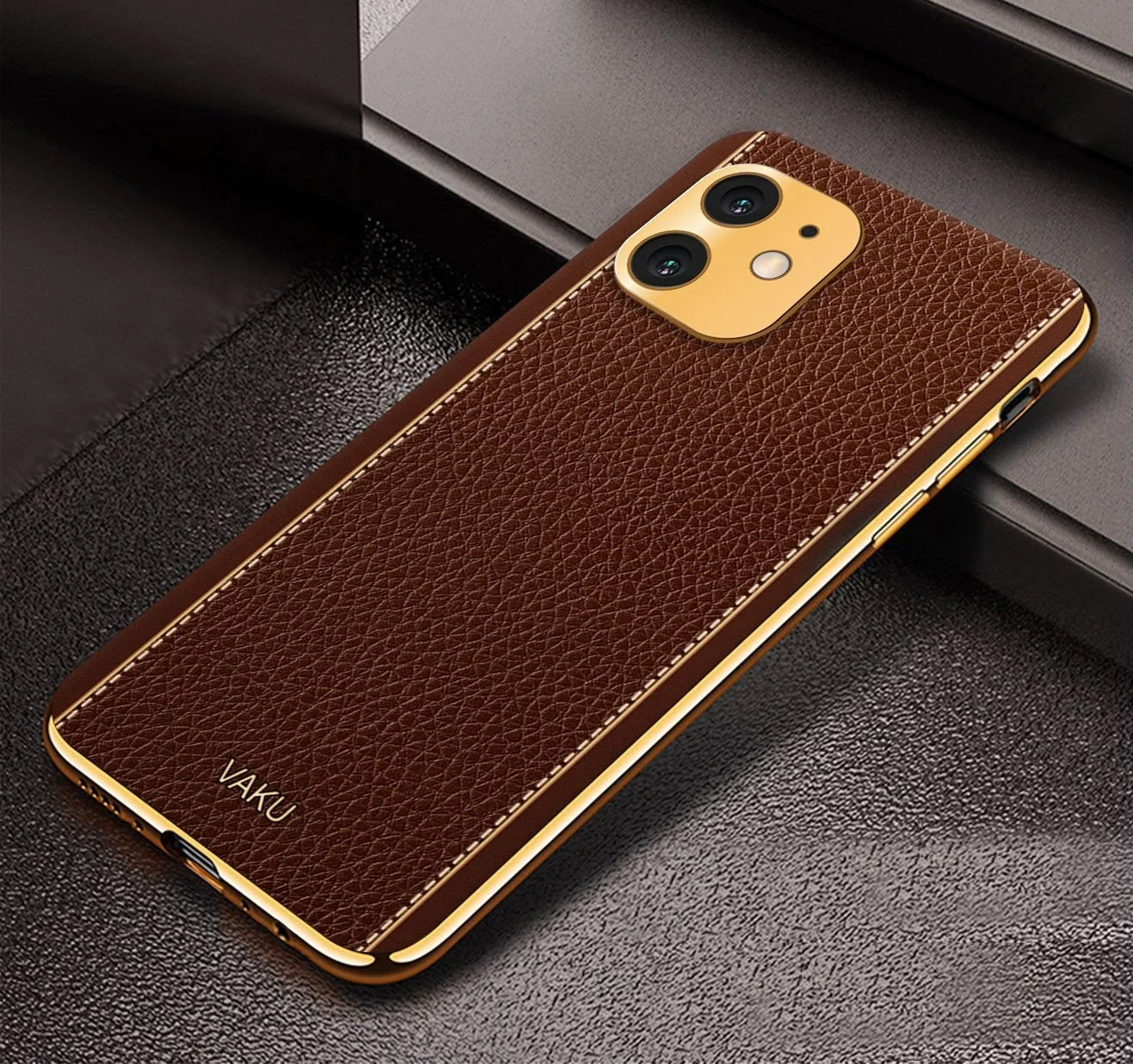 Vaku® For Apple iPhone 11 Luxemberg Series Leather Stitched Gold Electroplated Soft TPU Back Cover - Image 10