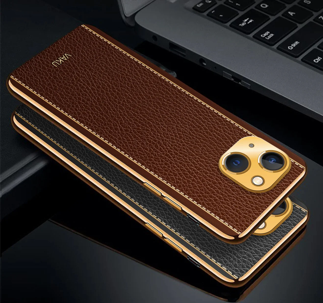 VakuĀ® For Apple iPhone 13 Luxemberg Series Leather Stitched Gold Electroplated Soft TPU Back Cover - Image 5