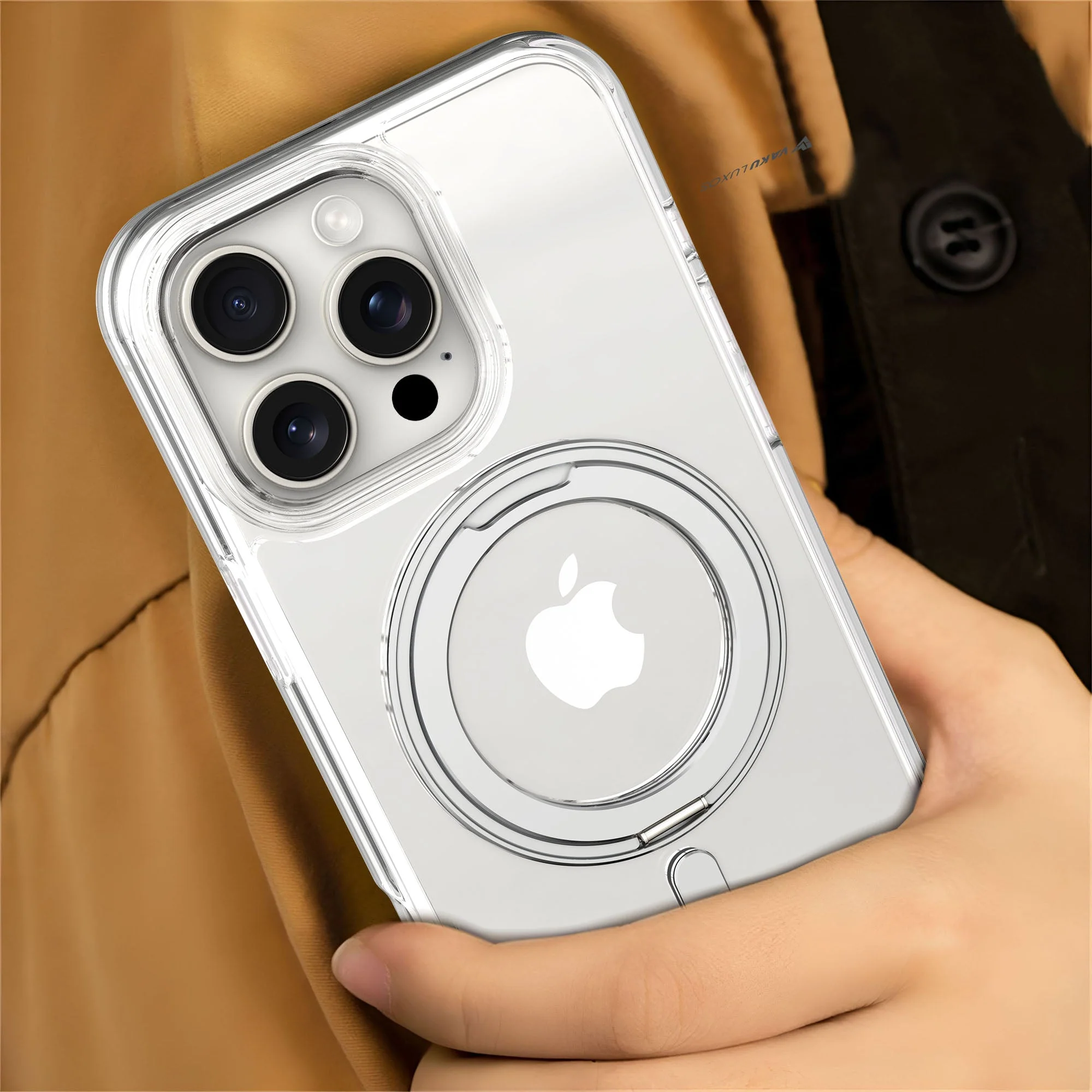 Vaku Luxos ® Apple iPhone 16 Pro Glassy Kickmag Back Cover with Magnetic Alloy Ring Metal Kickstand - Image 4