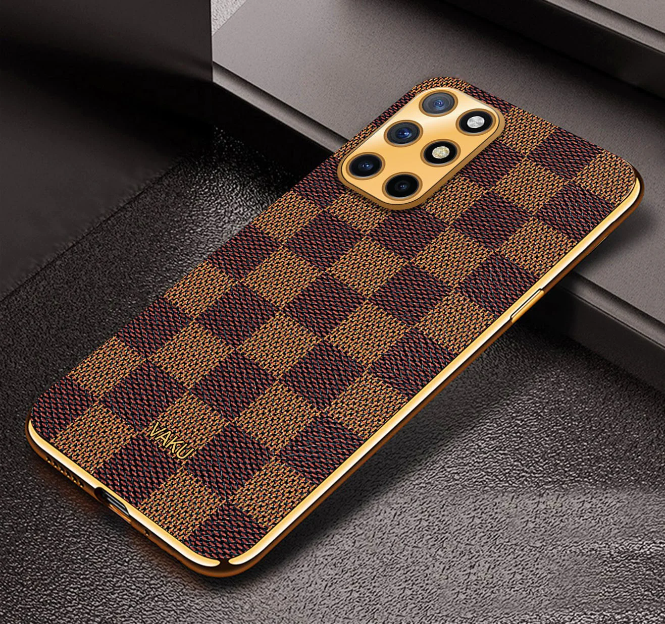 Vaku® OnePlus 8T Cheron Series Leather Stitched Gold Electroplated Soft TPU Back Cover - Image 8