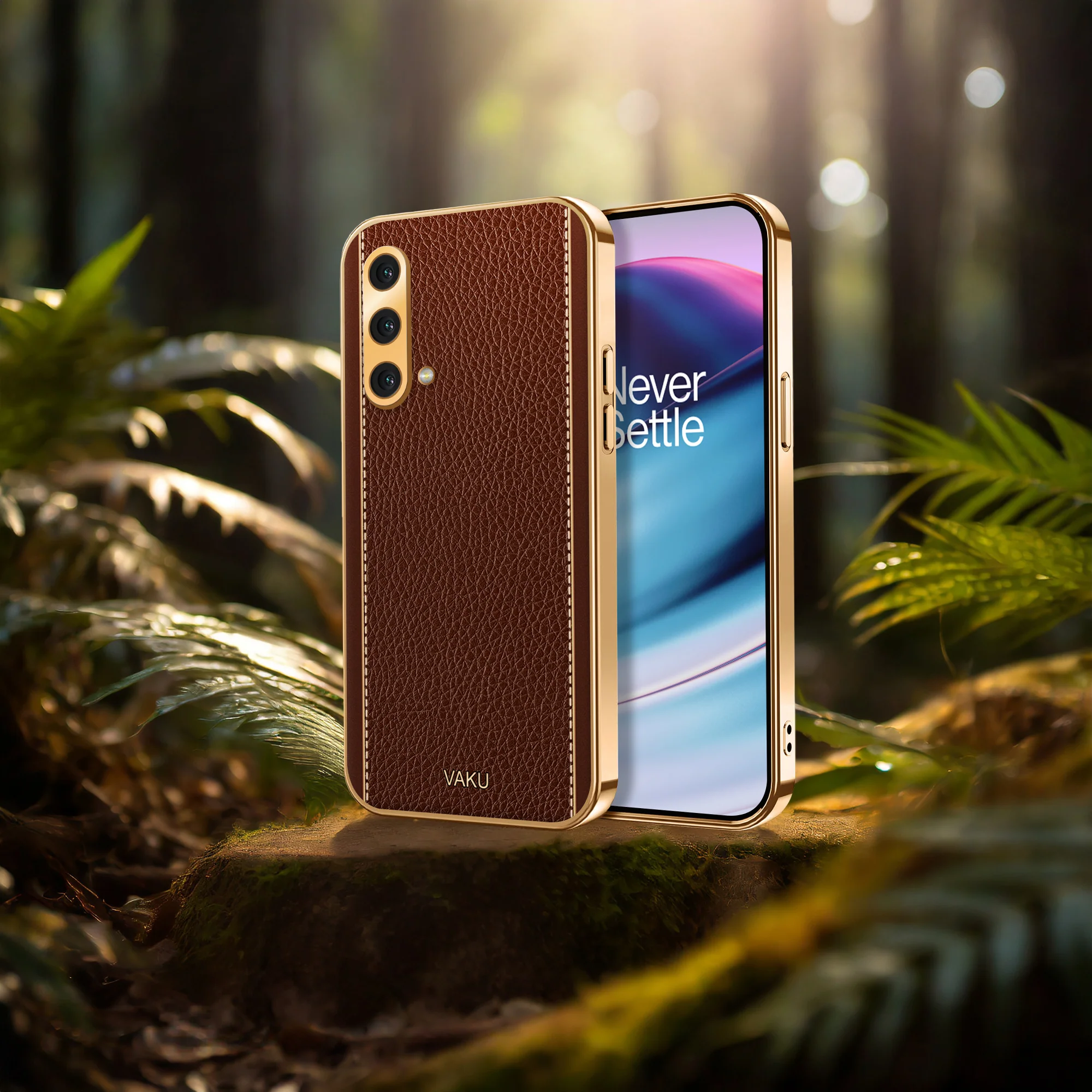 Vaku® OnePlus Nord CE Luxemberg Series Leather Stitched Gold Electroplated Soft TPU Back Cover - Image 15