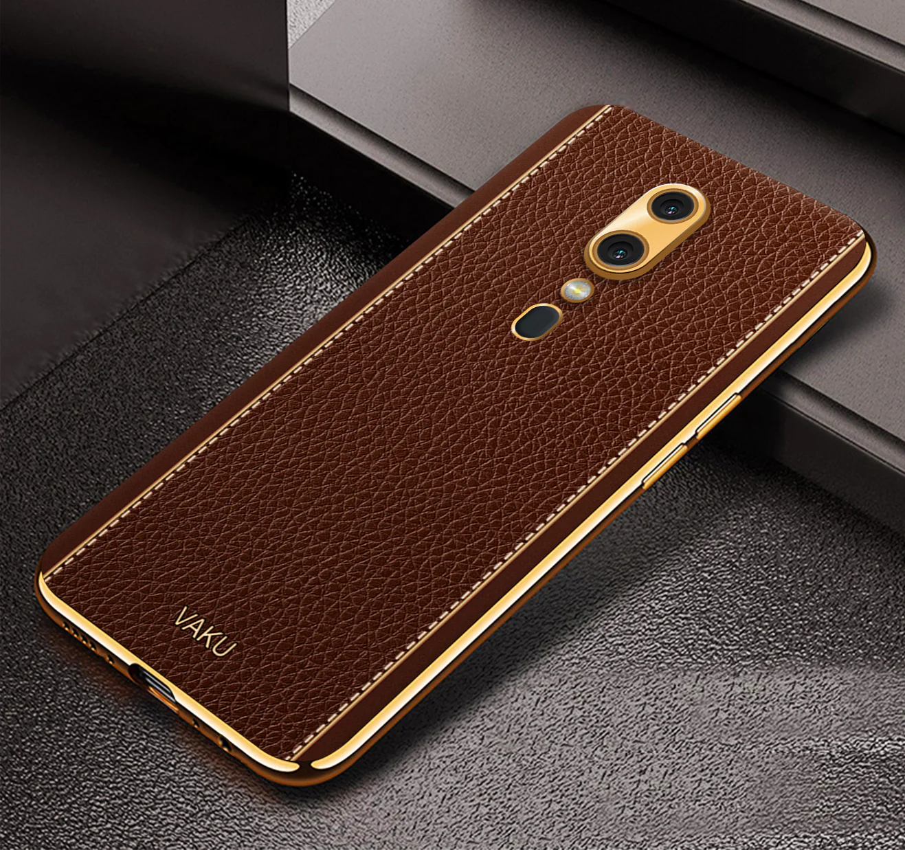 VakuĀ® Oppo F11 Luxemberg Series Leather Stitched Gold Electroplated Soft TPU Back Cover - Image 11
