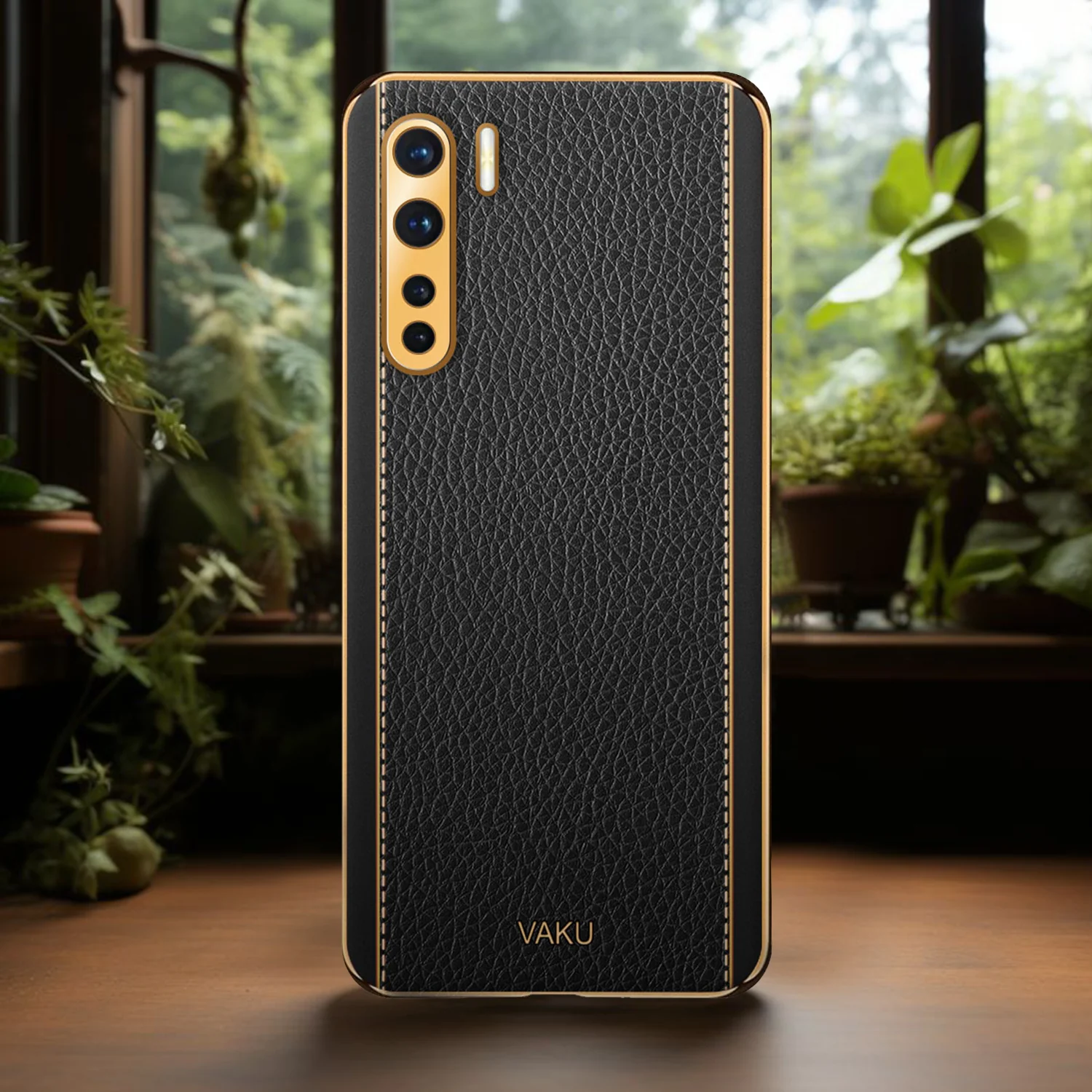 Vaku® Oppo F15 Luxemberg Series Leather Stitched Gold Electroplated Soft TPU Back Cover - Image 12