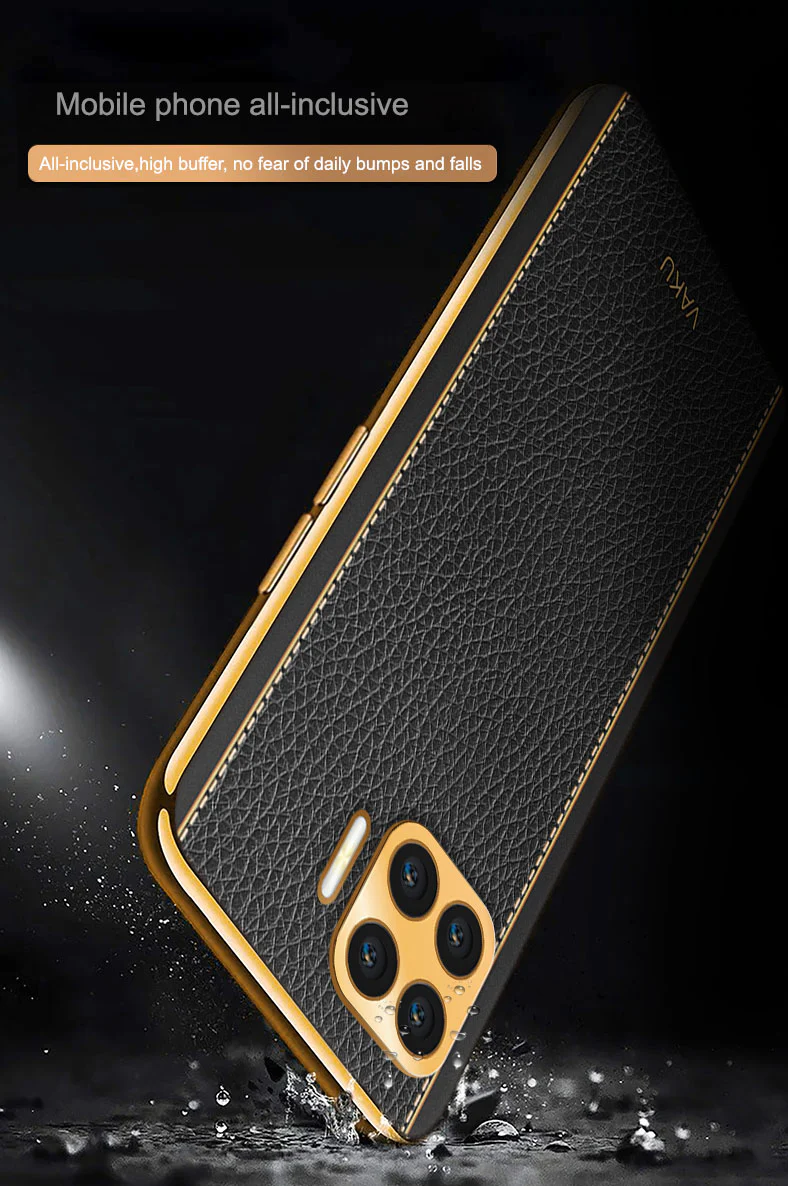 VakuĀ® Oppo F17 Luxemberg Series Leather Stitched Gold Electroplated Soft TPU Back Cover - Image 10