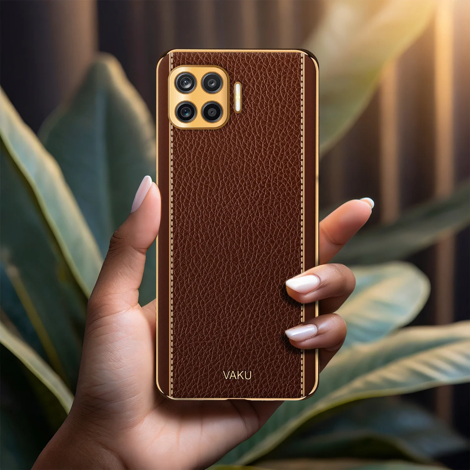 VakuĀ® Oppo F17 Luxemberg Series Leather Stitched Gold Electroplated Soft TPU Back Cover - Image 15