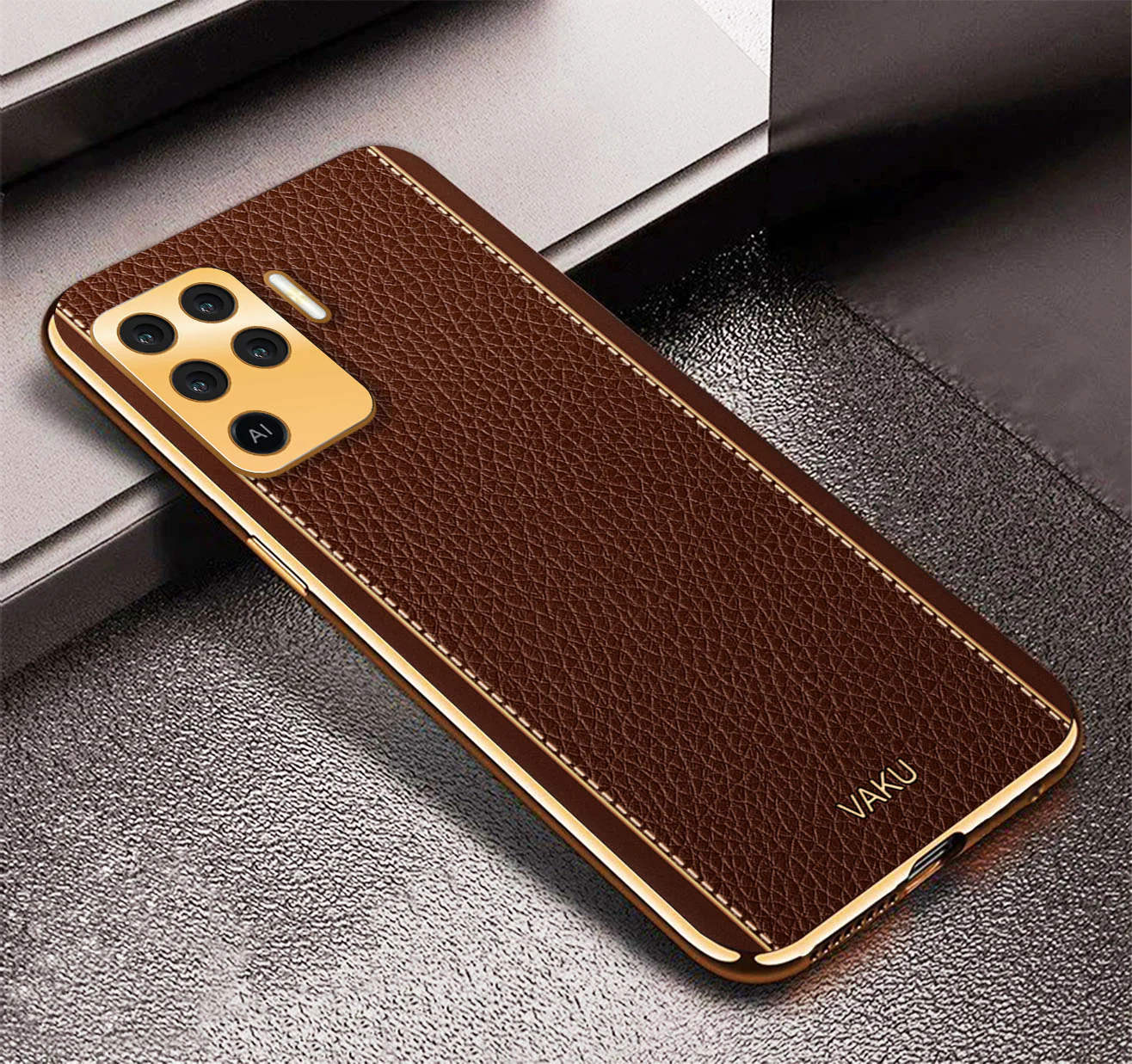Vaku® Oppo F19 Pro Luxemberg Series Leather Stitched Gold Electroplated Soft TPU Back Cover
