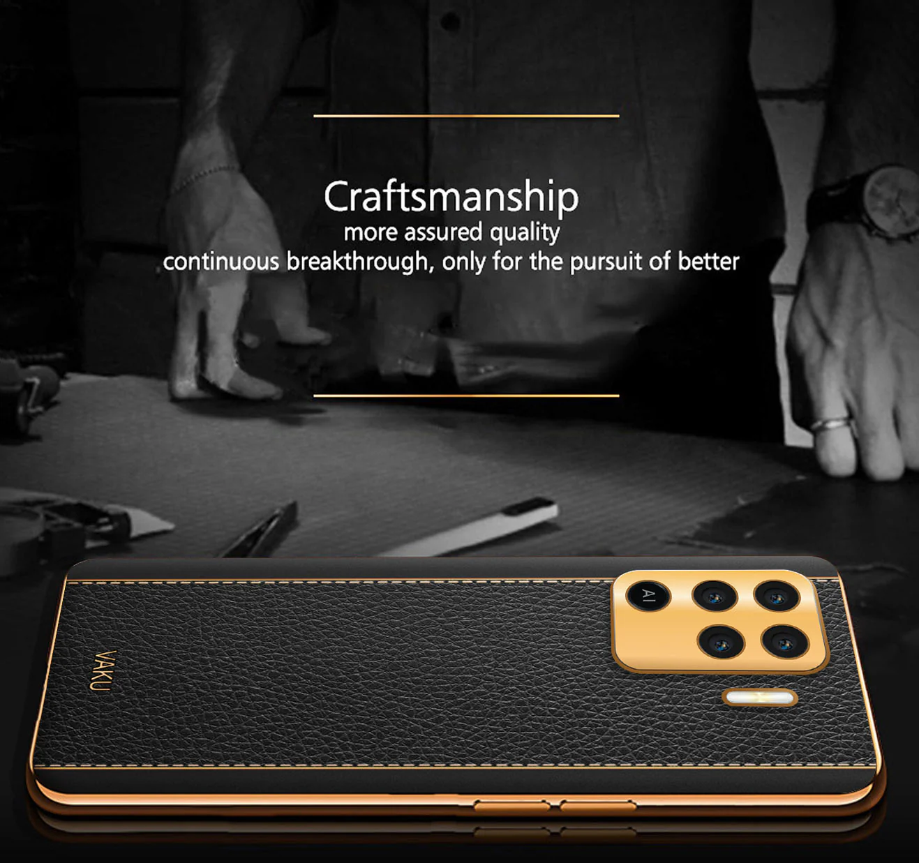 Vaku® Oppo F19 Pro Luxemberg Series Leather Stitched Gold Electroplated Soft TPU Back Cover - Image 4