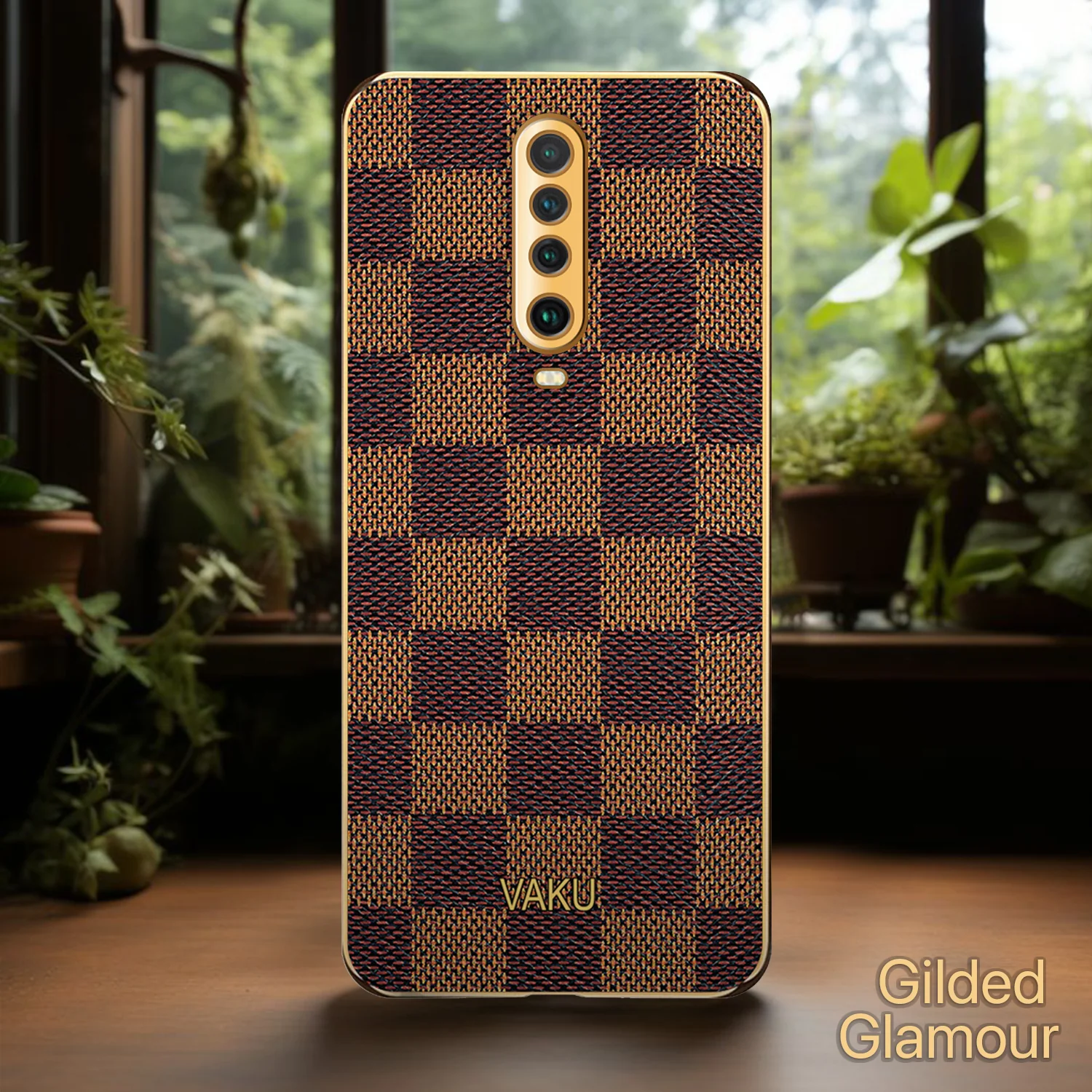 Vaku® POCO X2 Cheron Series Leather Stitched Gold Electroplated Soft TPU Back Cover - Image 4