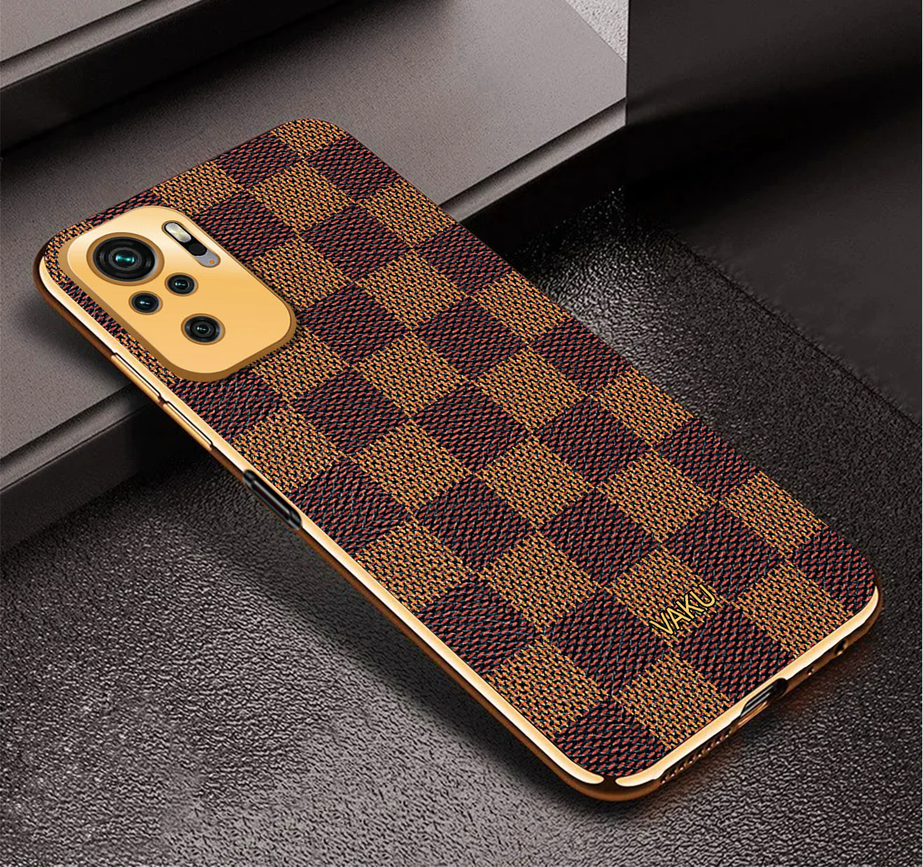 Vaku® Redmi Note 10 Cheron Series Leather Stitched Gold Electroplated Soft TPU Back Cover - Image 3