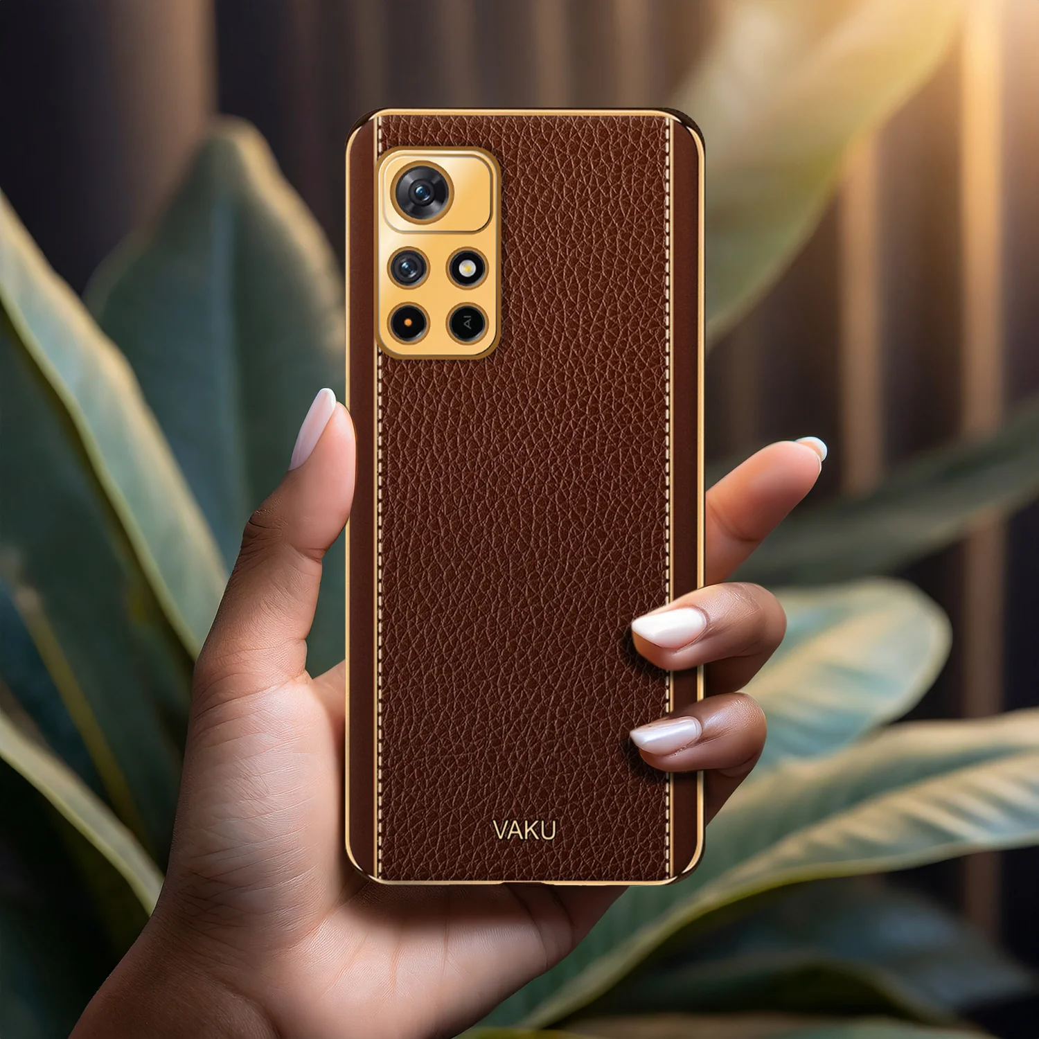 Vaku® Redmi Note 11T 5G Luxemberg Series Leather Stitched Gold Electroplated Soft TPU Back Cover - Image 15