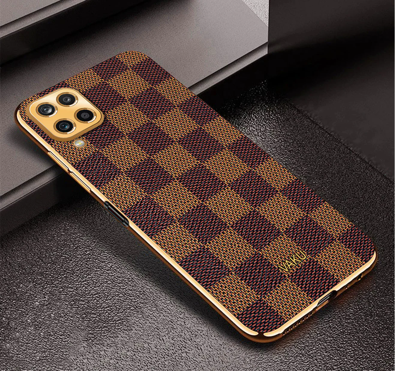 Vaku® Samsung Galaxy A12 Cheron Series Leather Stitched Gold Electroplated Soft TPU Back Cover - Image 3