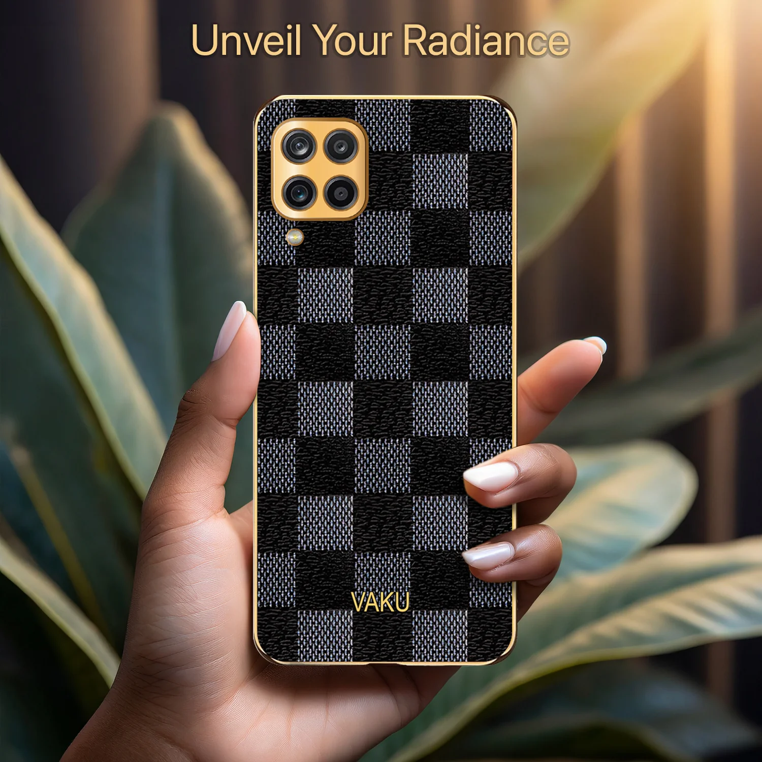 Vaku® Samsung Galaxy A12 Cheron Series Leather Stitched Gold Electroplated Soft TPU Back Cover - Image 5