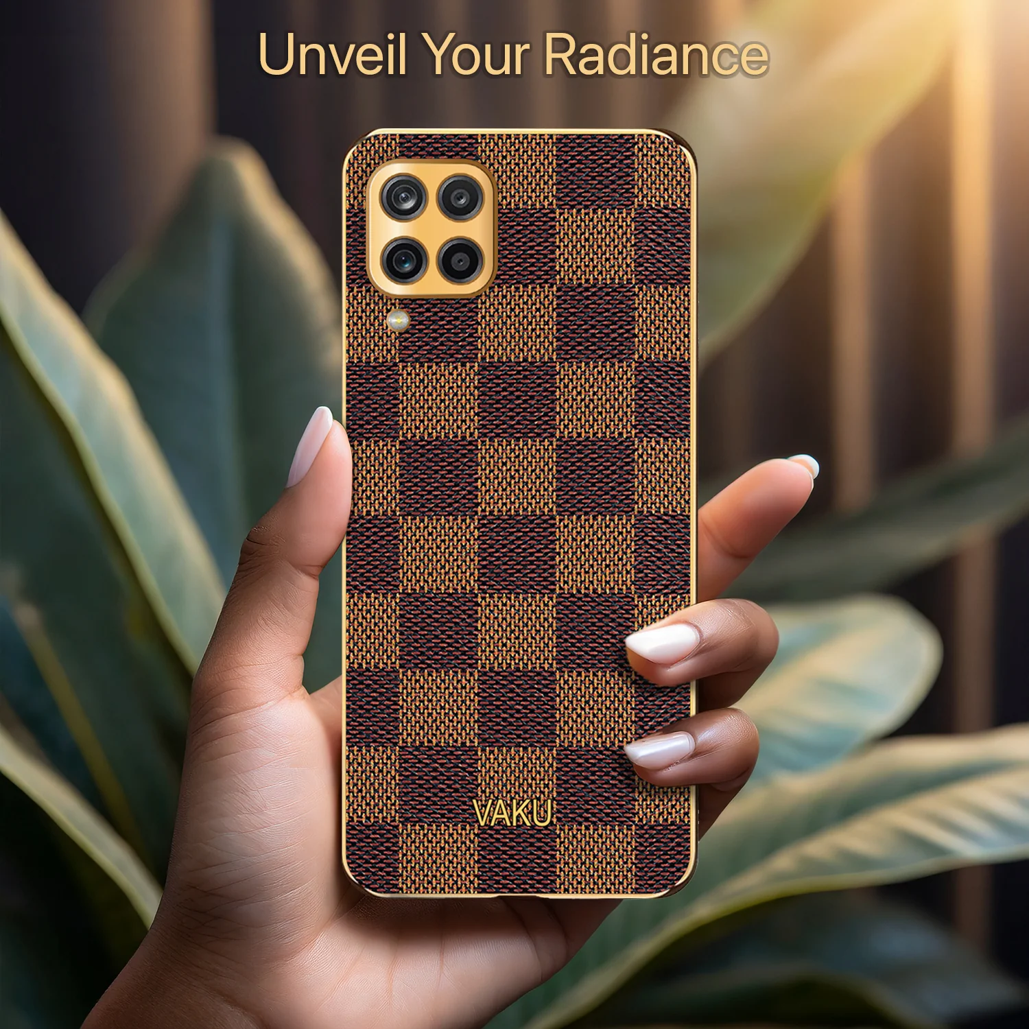 Vaku® Samsung Galaxy A12 Cheron Series Leather Stitched Gold Electroplated Soft TPU Back Cover - Image 7