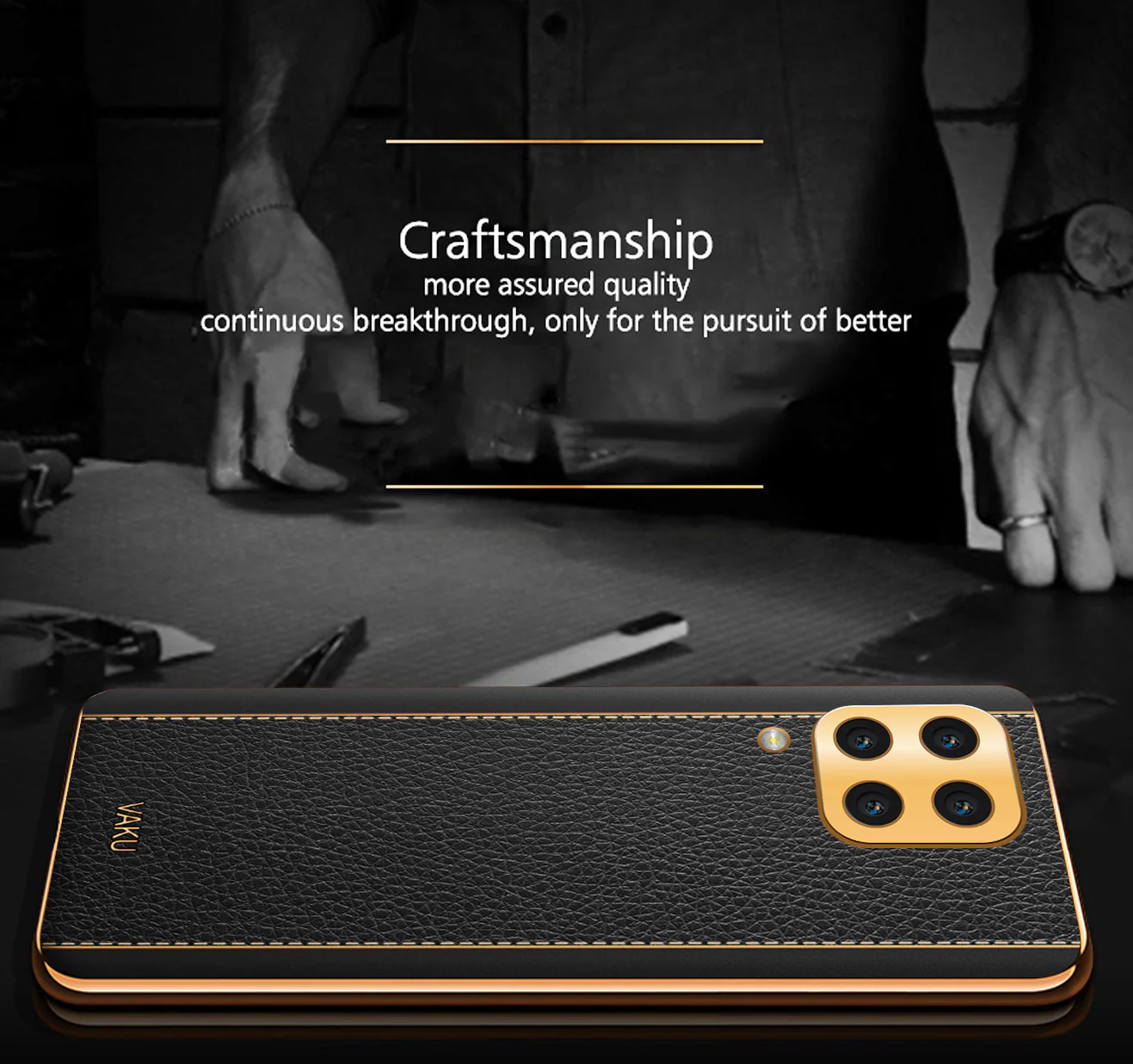 Vaku® Samsung Galaxy A12 Luxemberg Series Leather Stitched Gold Electroplated Soft TPU Back Cover - Image 3