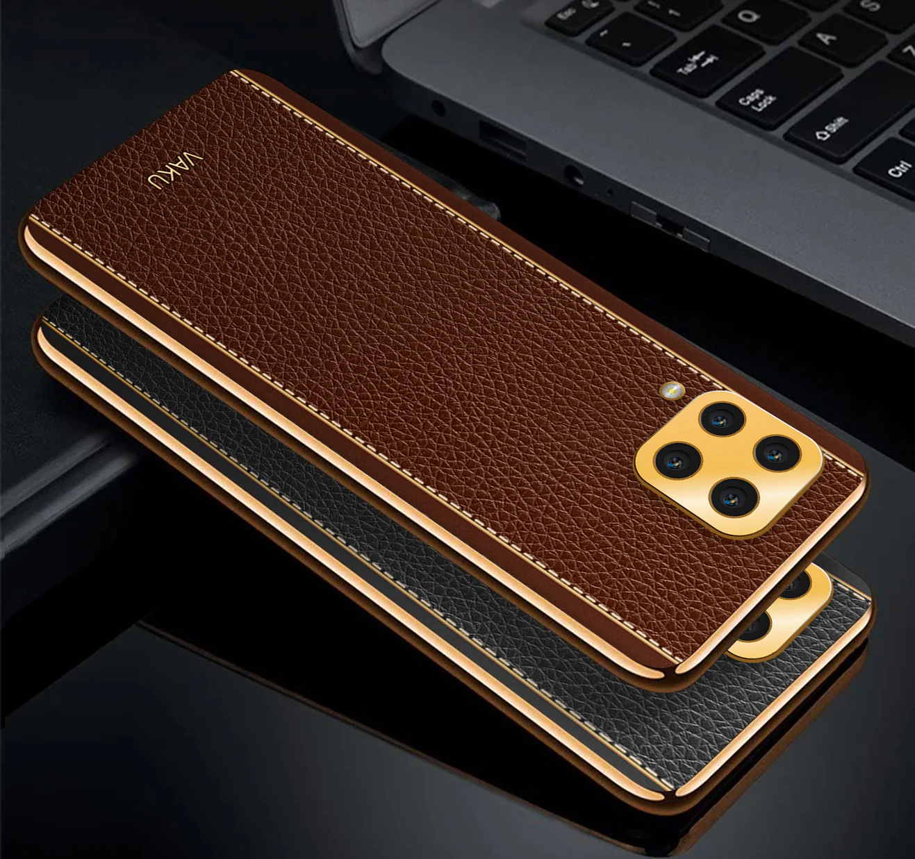 Vaku® Samsung Galaxy A12 Luxemberg Series Leather Stitched Gold Electroplated Soft TPU Back Cover - Image 4