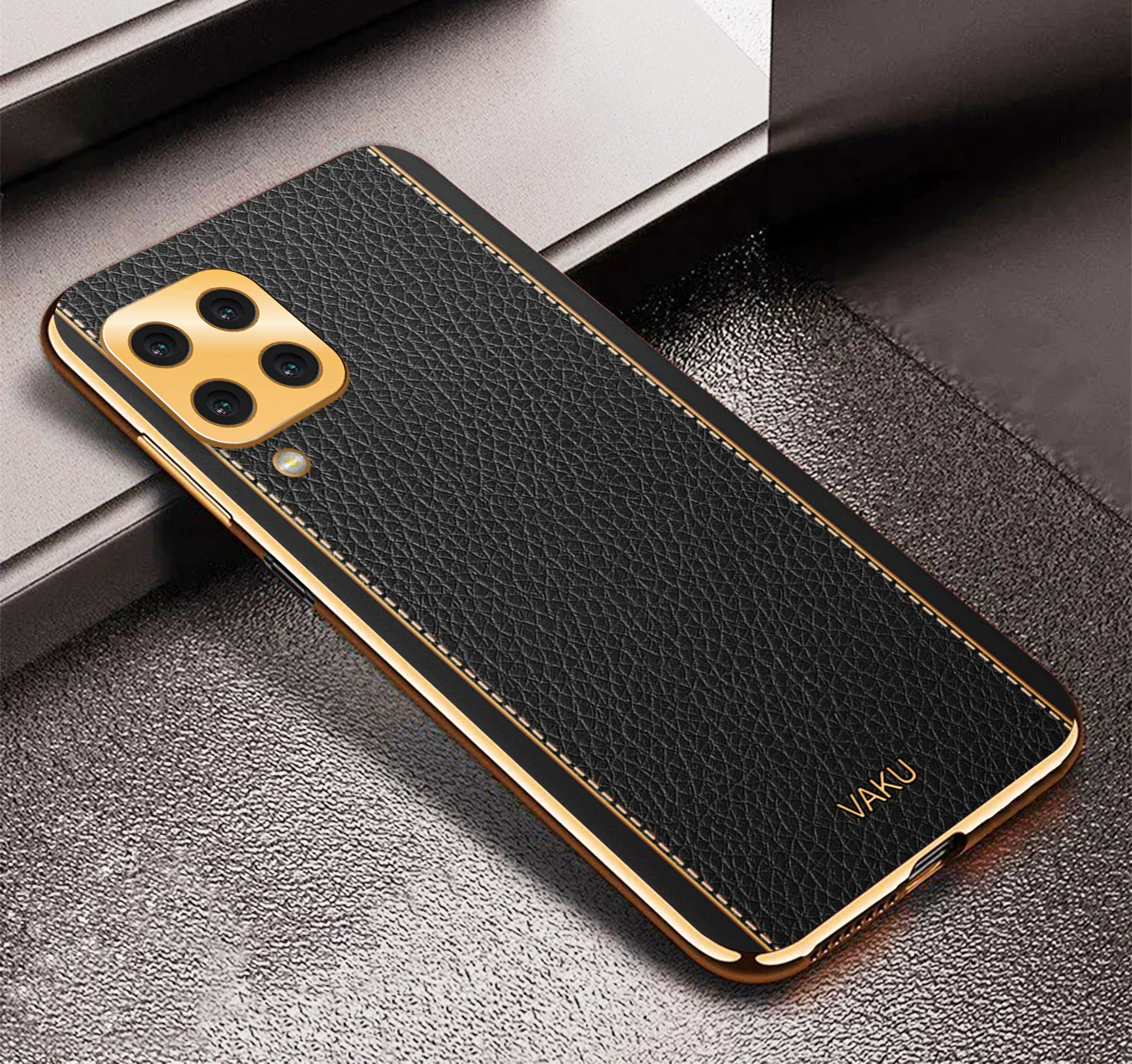 Vaku® Samsung Galaxy A12 Luxemberg Series Leather Stitched Gold Electroplated Soft TPU Back Cover - Image 5