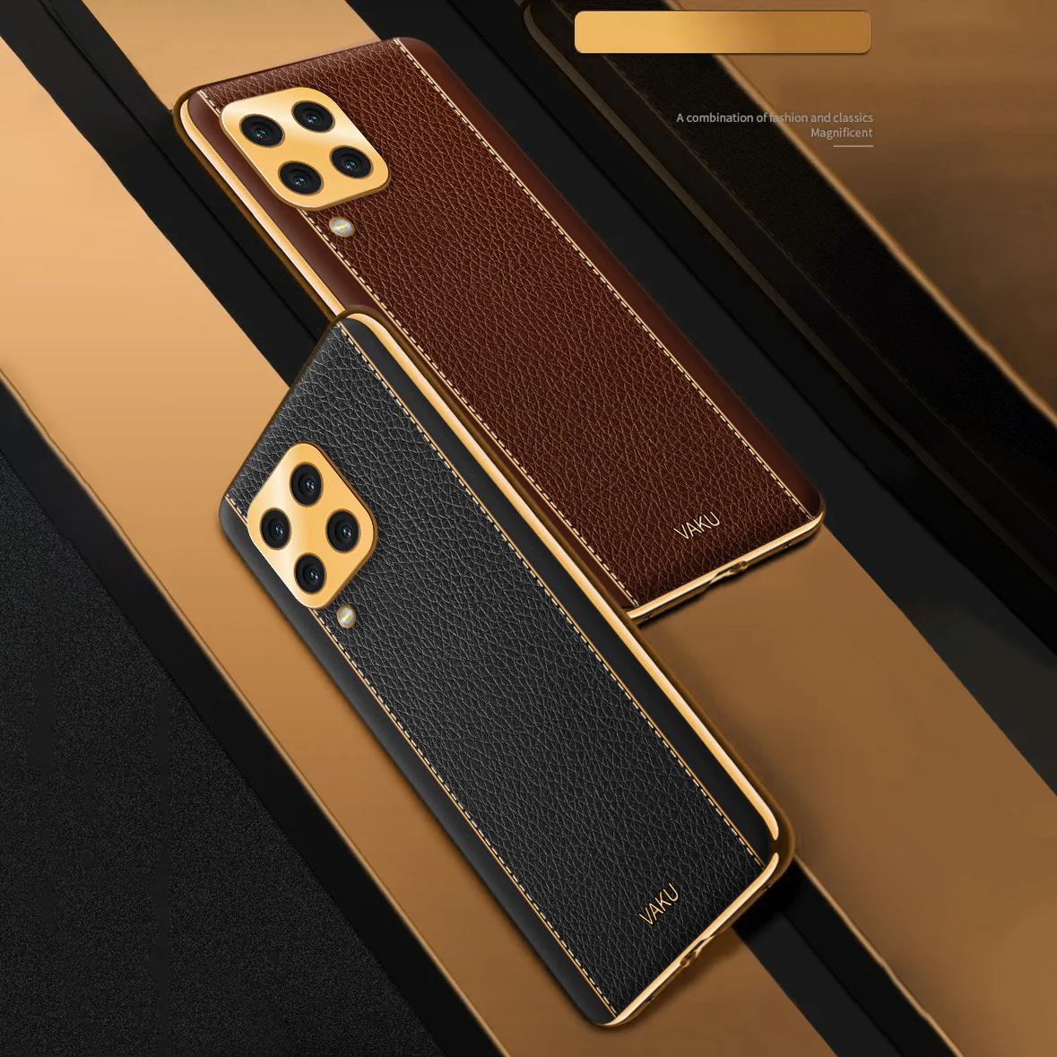 Vaku® Samsung Galaxy A12 Luxemberg Series Leather Stitched Gold Electroplated Soft TPU Back Cover - Image 6