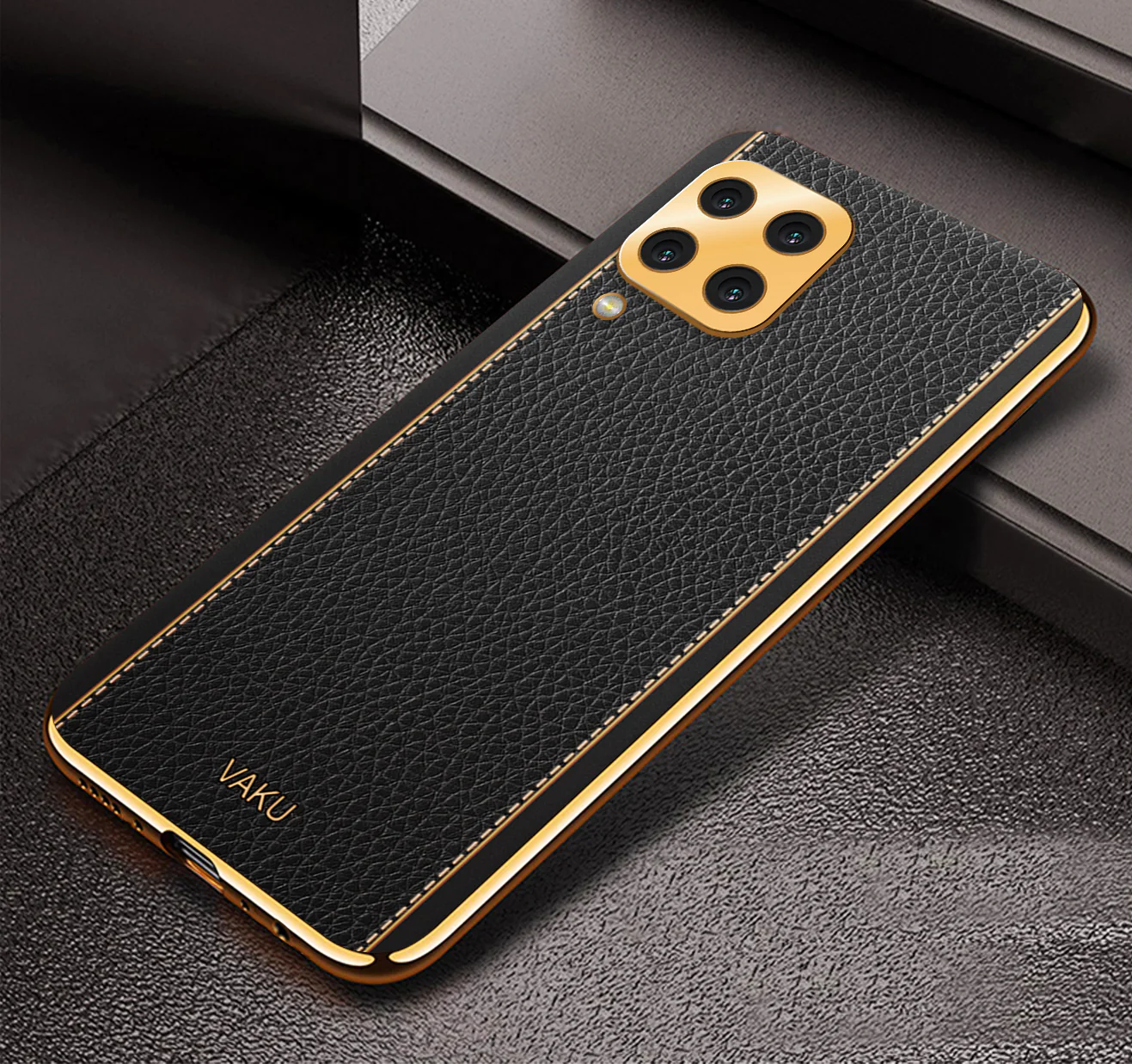 Vaku® Samsung Galaxy A12 Luxemberg Series Leather Stitched Gold Electroplated Soft TPU Back Cover - Image 7